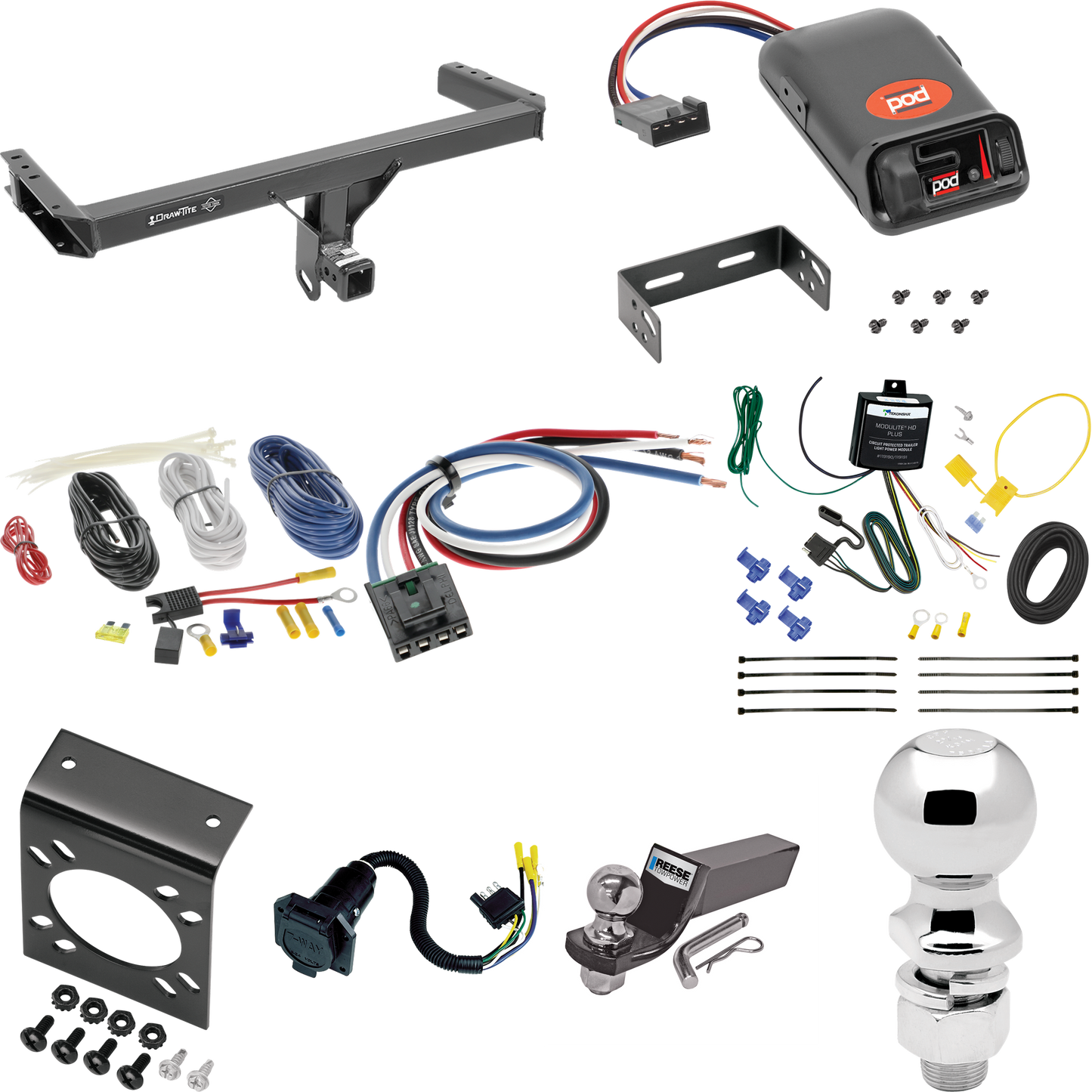 Fits 2015-2023 Porsche Macan Trailer Hitch Tow PKG w/ Pro Series POD Brake Control + Generic BC Wiring Adapter + 7-Way RV Wiring + 2" & 2-5/16" Ball & Drop Mount (Excludes: S-Models Models) By Draw-Tite