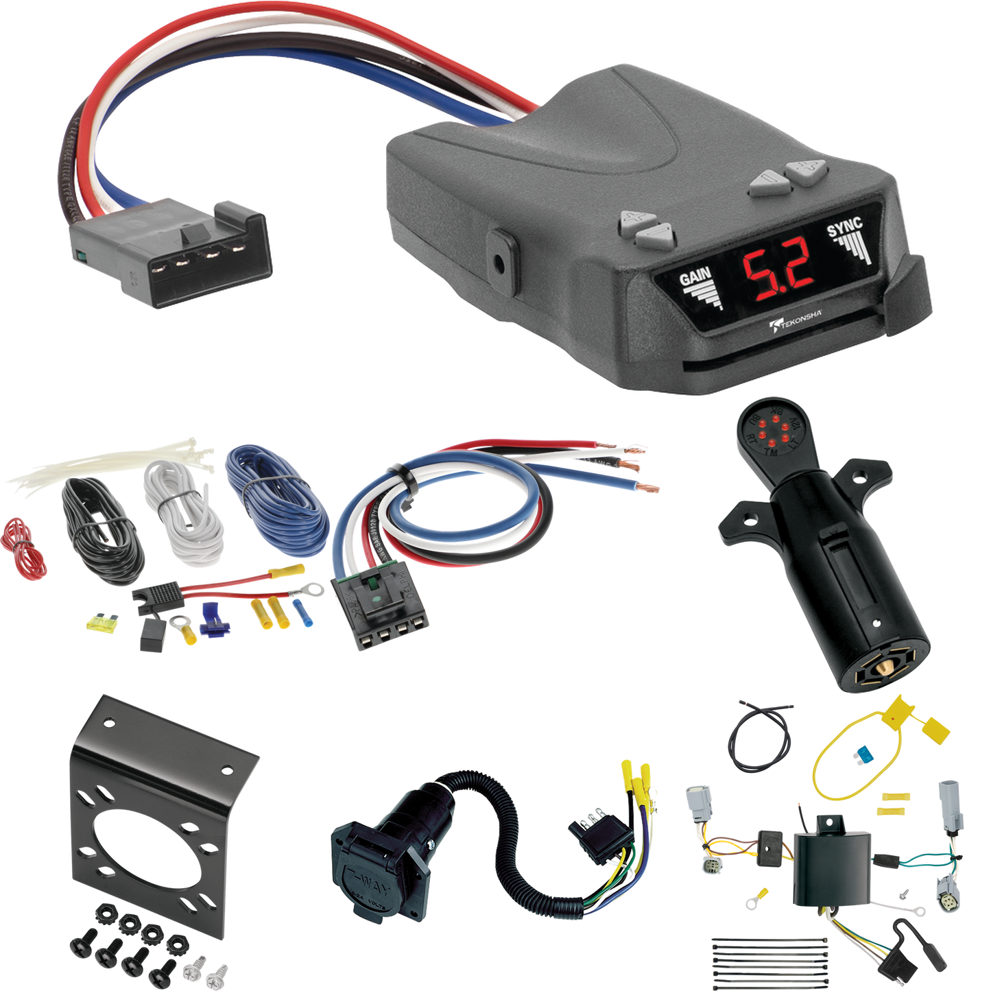 Se adapta al cableado de RV de 7 vías Dodge Challenger 2015-2022 + control de frenos Tekonsha Brakeman IV + adaptador de cableado BC genérico + probador de 7 vías de Tekonsha