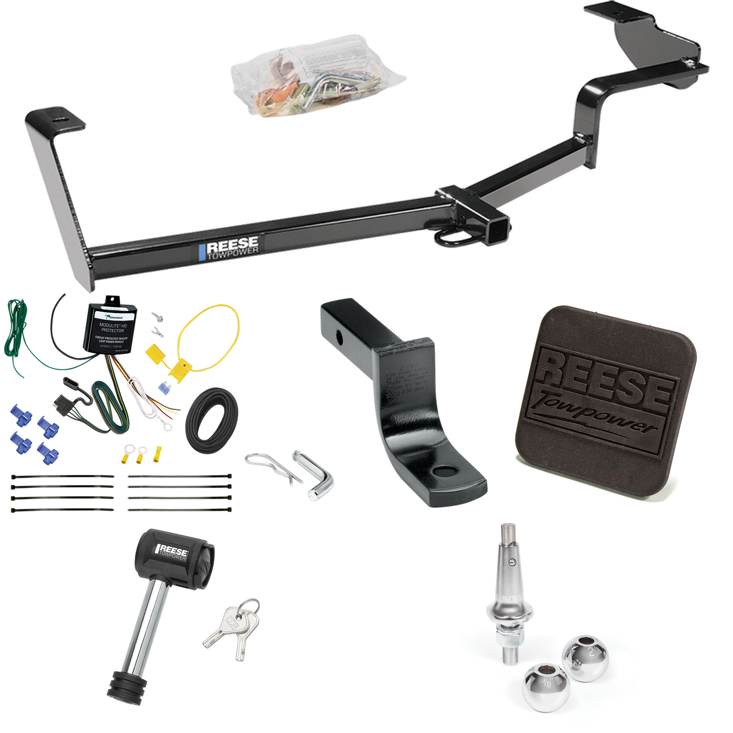 Fits 2012-2015 Honda Civic Trailer Hitch Tow PKG w/ 4-Flat Wiring Harness + Draw-Bar + Interchangeable 1-7/8" & 2" Balls + Hitch Cover + Hitch Lock (For Hybrid Models) By Reese Towpower