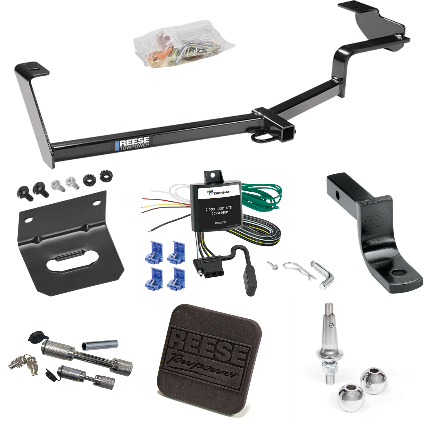 Fits 2006-2011 Honda Civic Trailer Hitch Tow PKG w/ 4-Flat Wiring Harness + Draw-Bar + Interchangeable 1-7/8" & 2" Balls + Wiring Bracket + Hitch Cover + Dual Hitch & Coupler Locks (For Hybrid Models) By Reese Towpower