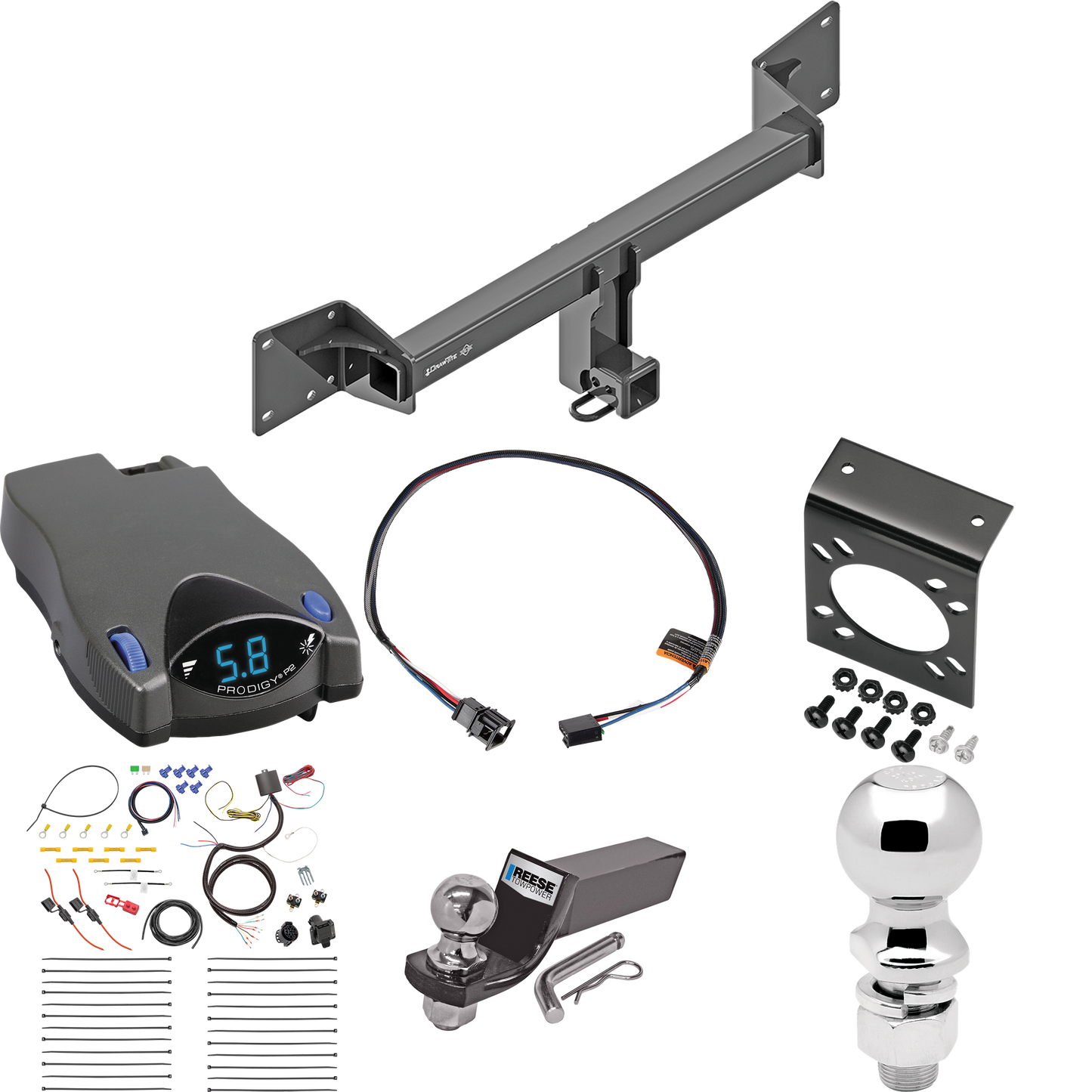 Se adapta al paquete de enganche de remolque Audi SQ5 2018-2023 con control de freno Tekonsha Prodigy P2 + adaptador BC Plug &amp; Play + cableado RV de 7 vías + soporte de bola y caída de 2" y 2-5/16" de Draw-Tite