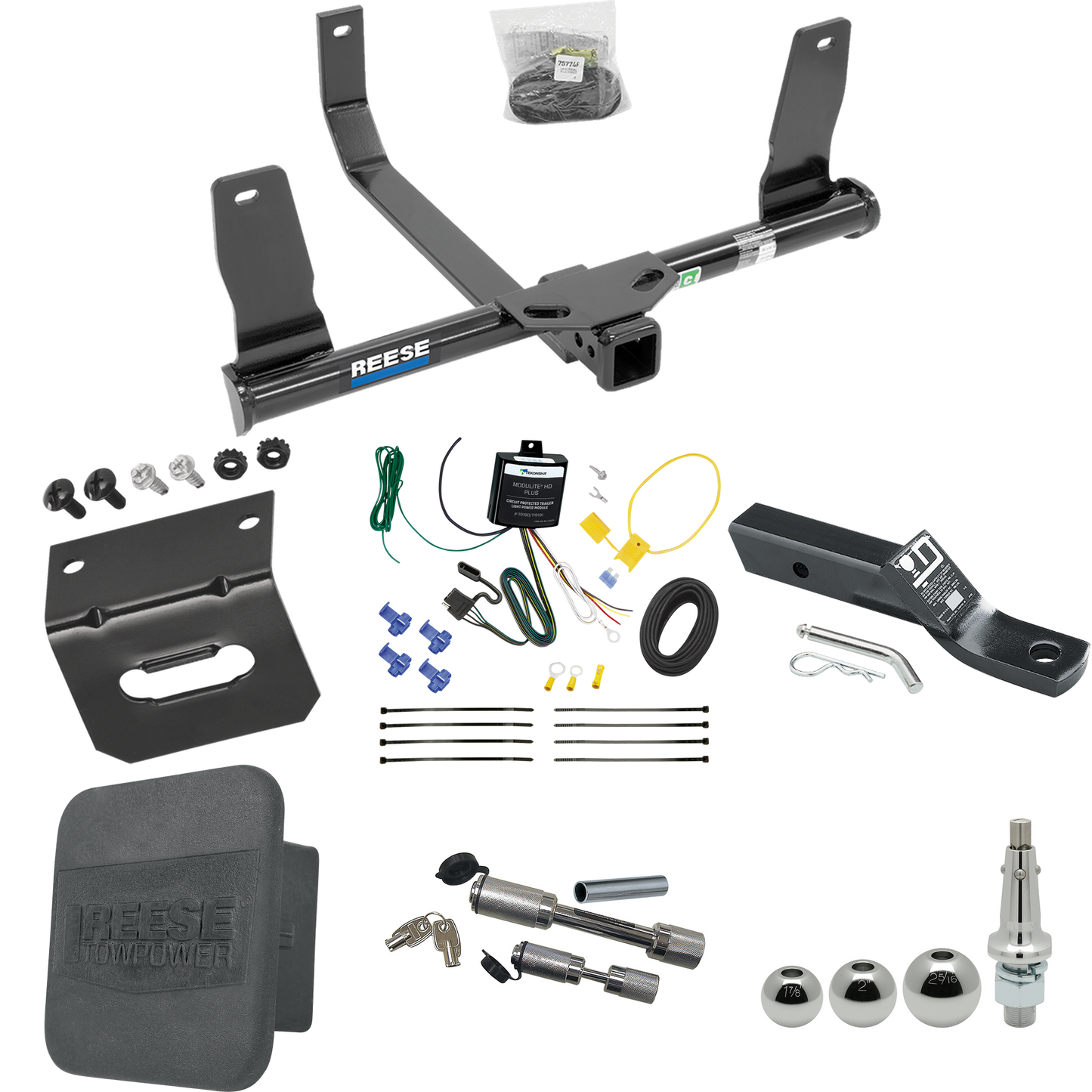 Fits 2010-2015 Mercedes-Benz GLK350 Trailer Hitch Tow PKG w/ 4-Flat Wiring + Ball Mount w/ 2" Drop + Interchangeable Ball 1-7/8" & 2" & 2-5/16" + Wiring Bracket + Dual Hitch & Coupler Locks + Hitch Cover By Reese Towpower