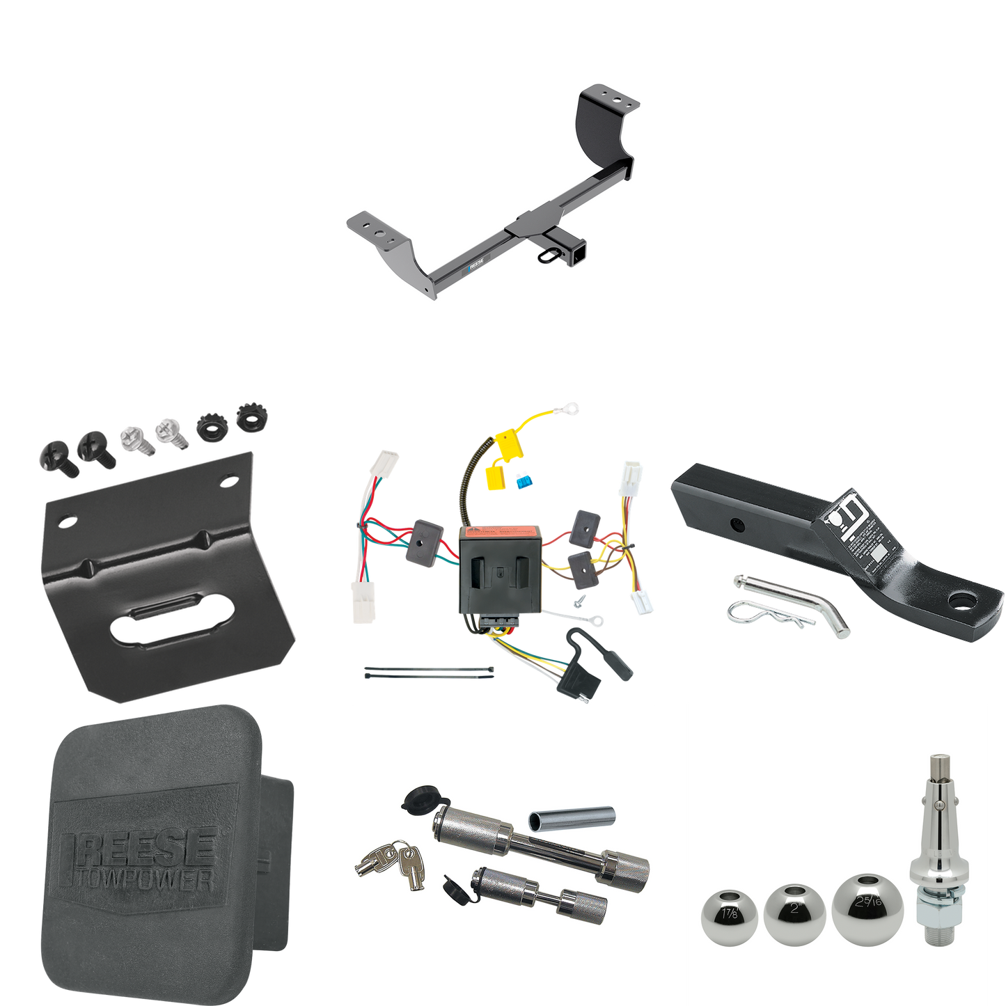 Fits 2011-2014 Dodge Charger Trailer Hitch Tow PKG w/ 4-Flat Wiring + Ball Mount w/ 2" Drop + Interchangeable Ball 1-7/8" & 2" & 2-5/16" + Wiring Bracket + Dual Hitch & Coupler Locks + Hitch Cover By Reese Towpower