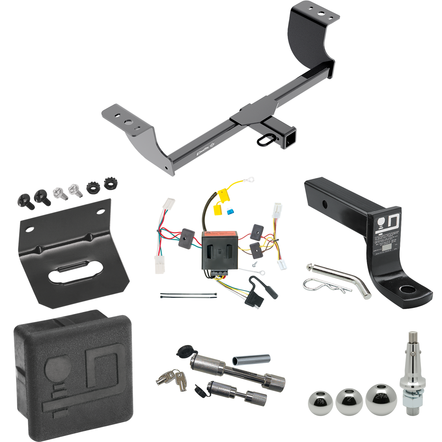 Fits 2011-2014 Dodge Charger Trailer Hitch Tow PKG w/ 4-Flat Wiring + Ball Mount w/ 4" Drop + Interchangeable Ball 1-7/8" & 2" & 2-5/16" + Wiring Bracket + Dual Hitch & Coupler Locks + Hitch Cover By Draw-Tite