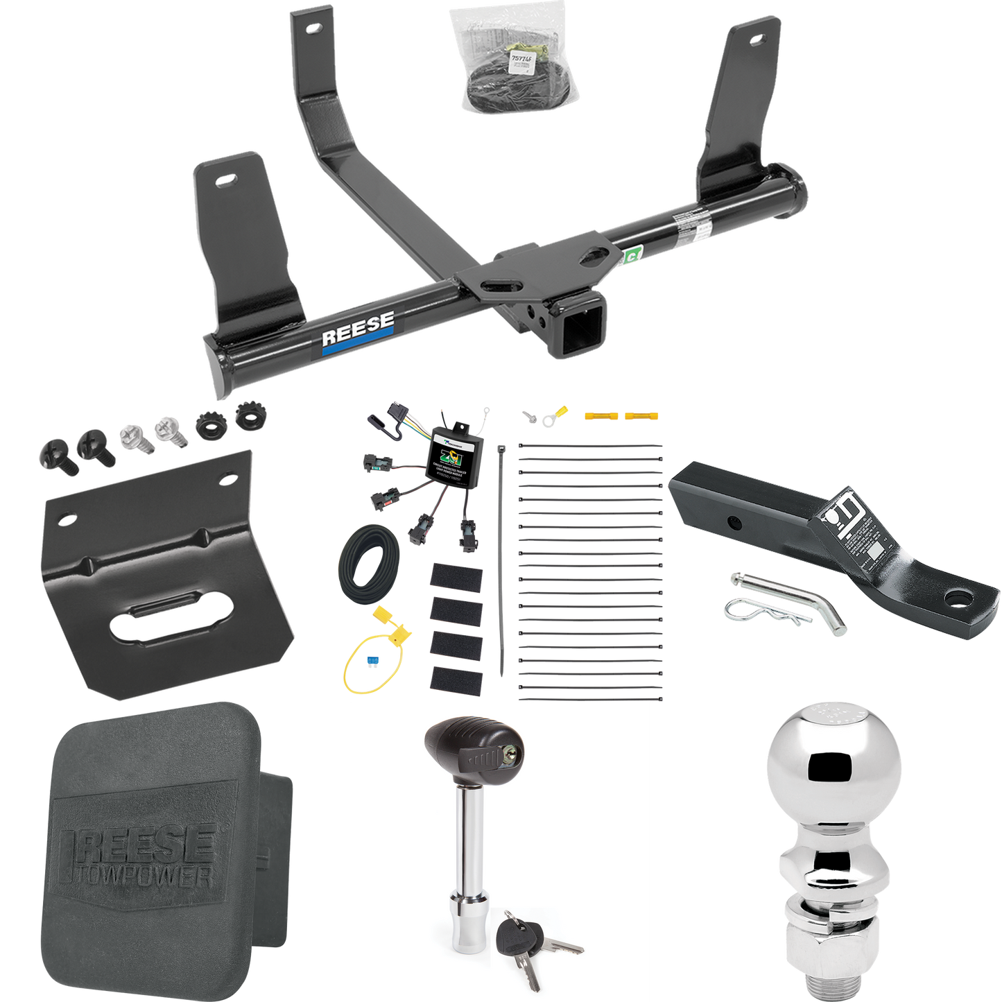 Fits 2010-2015 Mercedes-Benz GLK350 Trailer Hitch Tow PKG w/ 4-Flat Zero Contact "No Splice" Wiring + Ball Mount w/ 2" Drop + 2-5/16" Ball + Wiring Bracket + Hitch Lock + Hitch Cover By Reese Towpower