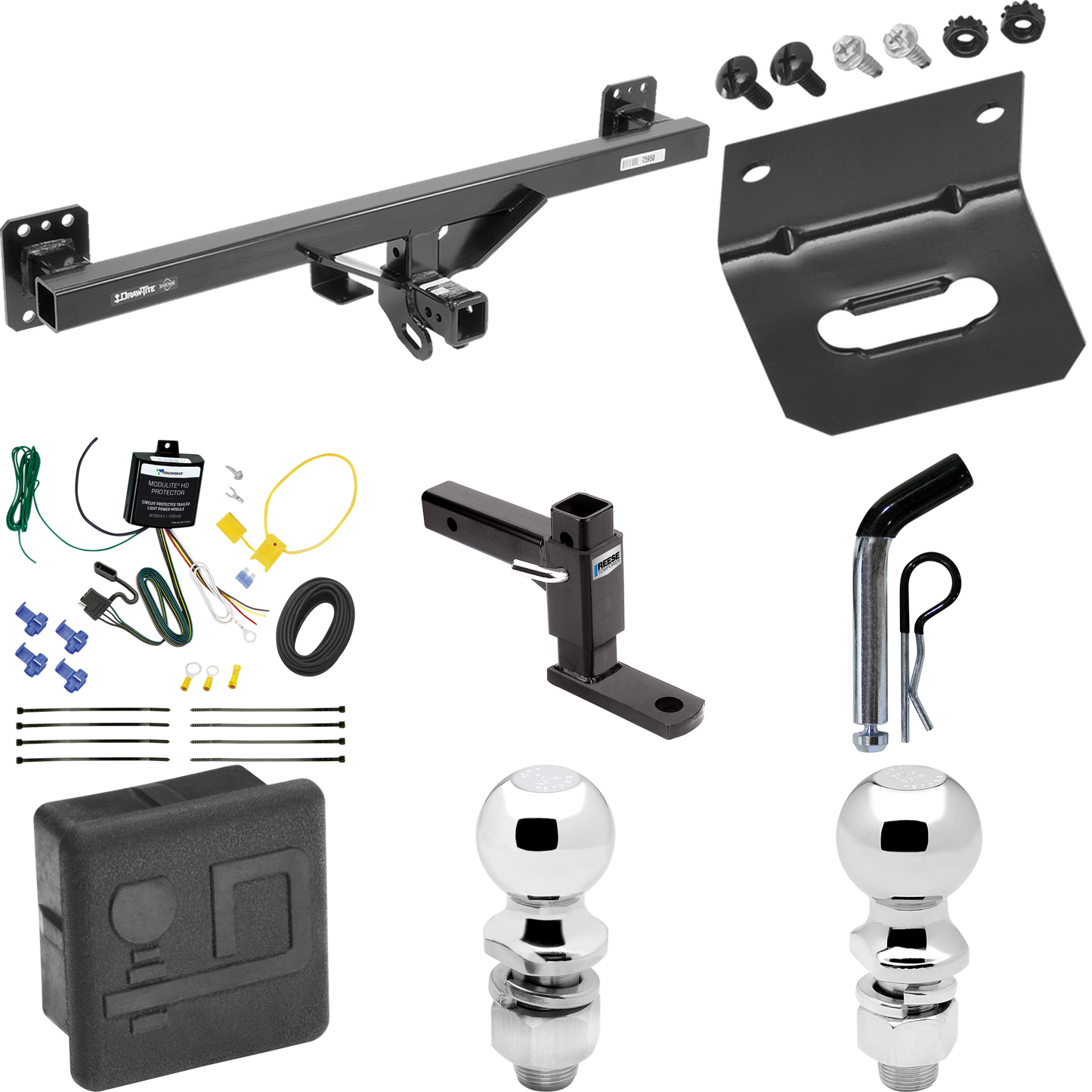 Fits 2011-2018 Porsche Cayenne Trailer Hitch Tow PKG w/ 4-Flat Wiring + Adjustable Drop Rise Ball Mount + Pin/Clip + 2" Ball + 2-5/16" Ball + Wiring Bracket + Hitch Cover By Draw-Tite