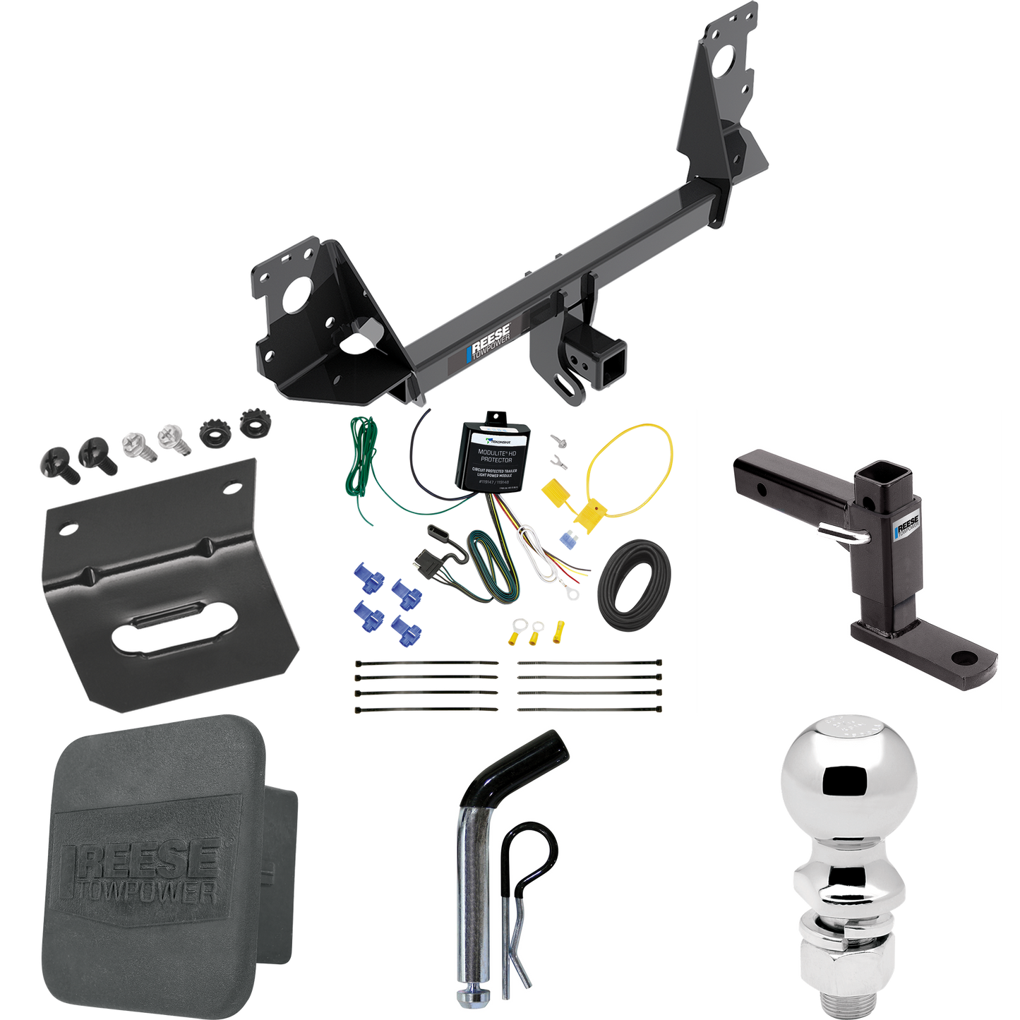 Fits 2017-2023 Audi Q7 Trailer Hitch Tow PKG w/ 4-Flat Wiring + Adjustable Drop Rise Ball Mount + Pin/Clip + 2-5/16" Ball + Wiring Bracket + Hitch Cover By Reese Towpower