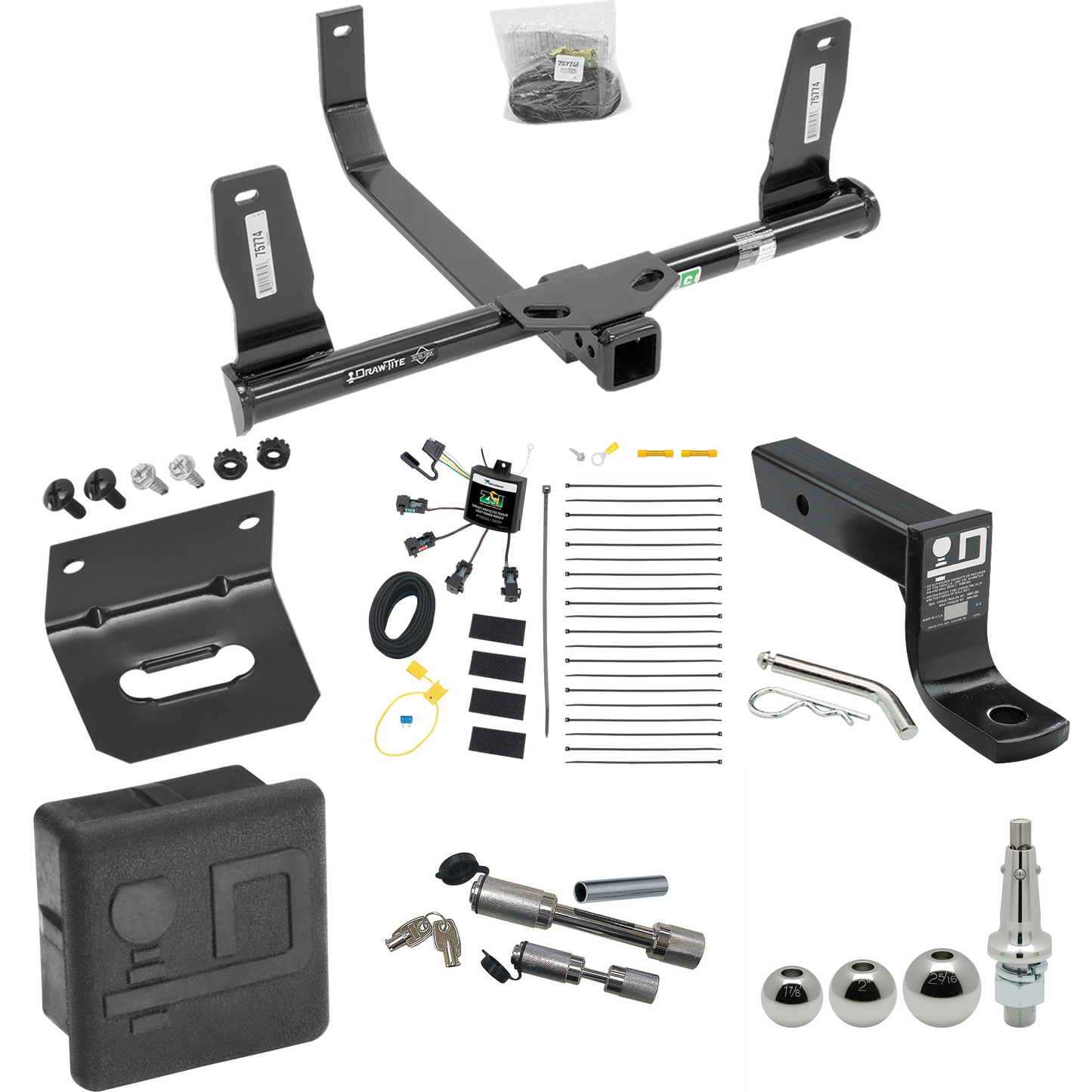 Fits 2010-2015 Mercedes-Benz GLK350 Trailer Hitch Tow PKG w/ 4-Flat Zero Contact "No Splice" Wiring + Ball Mount w/ 4" Drop + Interchangeable Ball 1-7/8" & 2" & 2-5/16" + Wiring Bracket + Dual Hitch & Coupler Locks + Hitch Cover By Draw-Tite