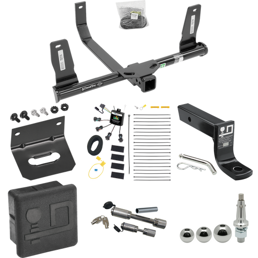 Fits 2010-2015 Mercedes-Benz GLK350 Trailer Hitch Tow PKG w/ 4-Flat Zero Contact "No Splice" Wiring + Ball Mount w/ 4" Drop + Interchangeable Ball 1-7/8" & 2" & 2-5/16" + Wiring Bracket + Dual Hitch & Coupler Locks + Hitch Cover By Draw-Tite