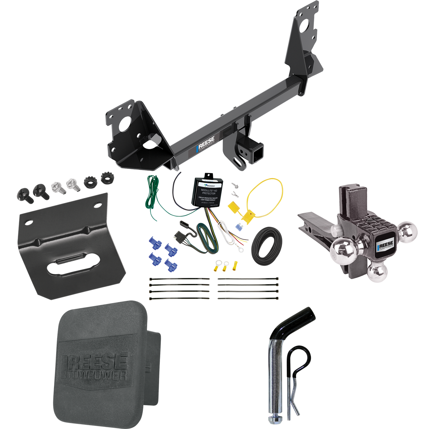 Fits 2017-2023 Audi Q7 Trailer Hitch Tow PKG w/ 4-Flat Wiring + Adjustable Drop Rise Triple Ball Ball Mount 1-7/8" & 2" & 2-5/16" Trailer Balls + Pin/Clip + Wiring Bracket + Hitch Cover By Reese Towpower