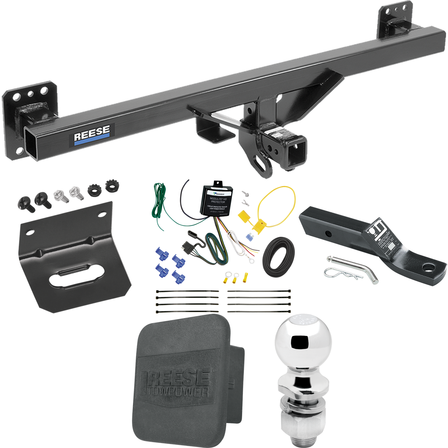 Fits 2007-2016 Audi Q7 Trailer Hitch Tow PKG w/ 4-Flat Wiring + Ball Mount w/ 2" Drop & 2" Ball + Wiring Bracket + Hitch Cover By Reese Towpower