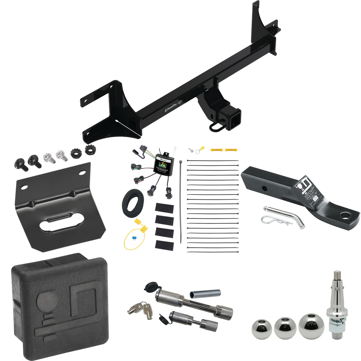 Fits 2021-2023 Volkswagen ID.4 Trailer Hitch Tow PKG w/ 4-Flat Zero Contact "No Splice" Wiring + Ball Mount w/ 2" Drop + Interchangeable Ball 1-7/8" & 2" & 2-5/16" + Wiring Bracket + Dual Hitch & Coupler Locks + Hitch Cover By Draw-Tite