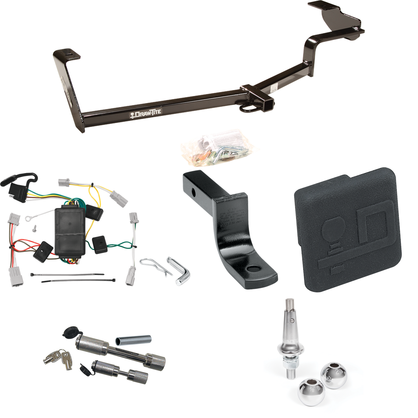 Fits 2006-2015 Honda Civic Trailer Hitch Tow PKG w/ 4-Flat Wiring Harness + Draw-Bar + Interchangeable 1-7/8" & 2" Balls + Hitch Cover + Dual Hitch & Coupler Locks (For Sedan, Except Hybrid & Si Models) By Draw-Tite