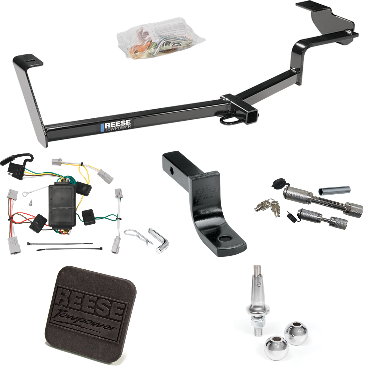 Fits 2006-2015 Honda Civic Trailer Hitch Tow PKG w/ 4-Flat Wiring Harness + Draw-Bar + Interchangeable 1-7/8" & 2" Balls + Hitch Cover + Dual Hitch & Coupler Locks (For Sedan, Except Hybrid & Si Models) By Reese Towpower