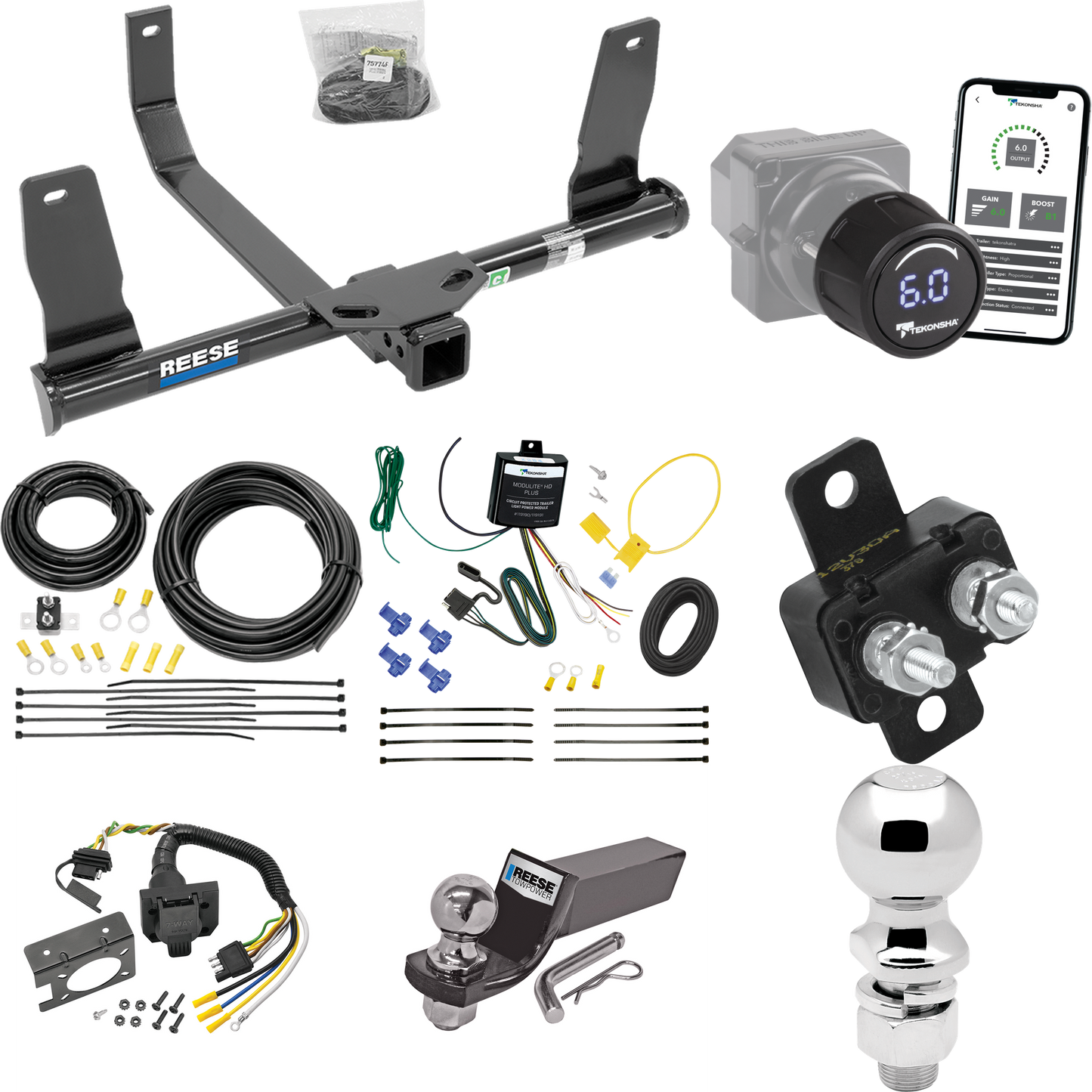 Se adapta al paquete de enganche de remolque Mercedes-Benz GLK350 2010-2015 con control de freno inalámbrico Bluetooth Tekonsha Prodigy iD + cableado RV de 7 vías + soporte de bola y caída de 2" y 2-5/16" de Reese Towpower