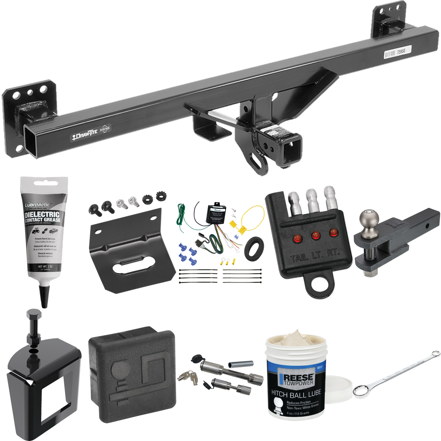 Fits 2007-2016 Audi Q7 Trailer Hitch Tow PKG w/ 4-Flat Wiring + Clevis Hitch Ball Mount w/ 2" Ball + Wiring Bracket + Hitch Cover + Dual Hitch & Coupler Locks + Wiring Tester + Ball Lube + Electric Grease + Ball Wrench + Anti Rattle Device By Draw-Ti