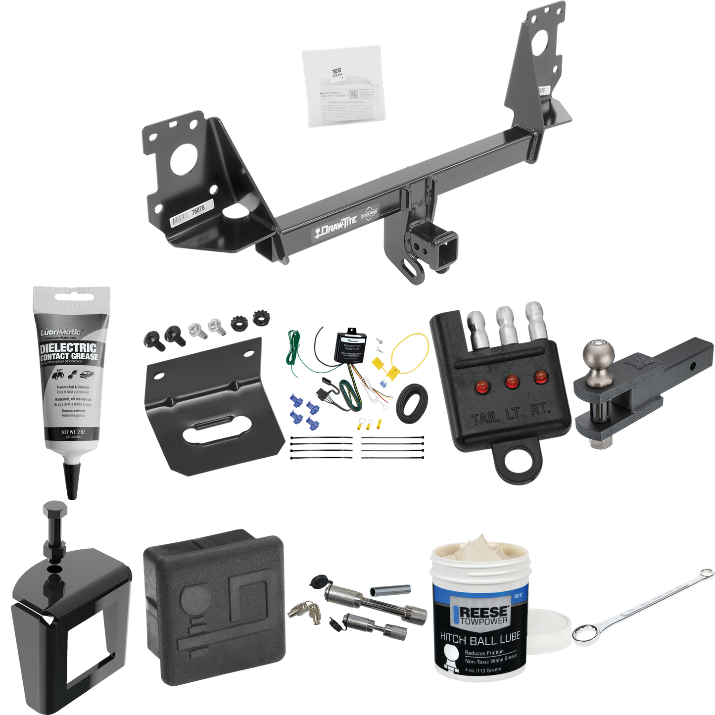 Fits 2017-2023 Audi Q7 Trailer Hitch Tow PKG w/ 4-Flat Wiring + Clevis Hitch Ball Mount w/ 2" Ball + Wiring Bracket + Hitch Cover + Dual Hitch & Coupler Locks + Wiring Tester + Ball Lube + Electric Grease + Ball Wrench + Anti Rattle Device By Draw-Ti