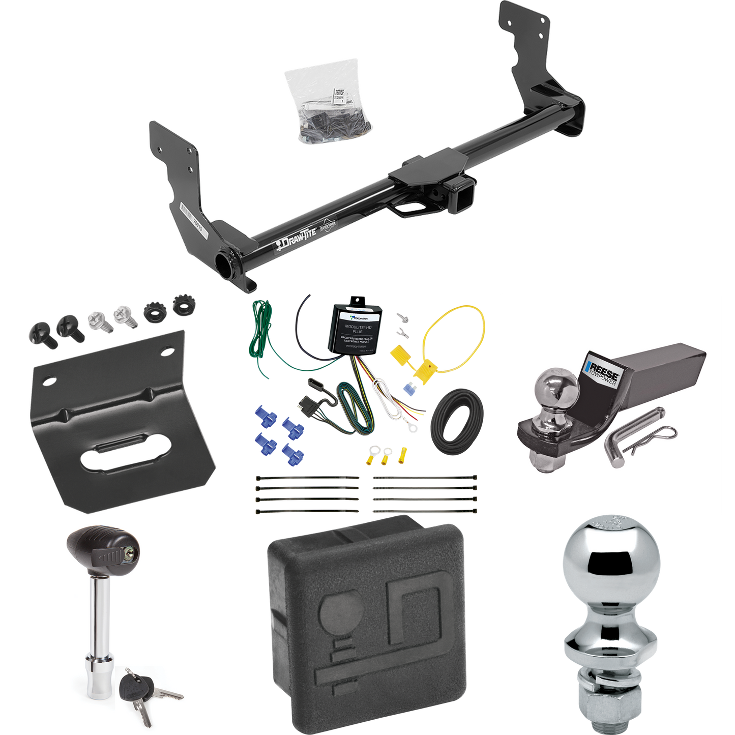 Fits 2016-2023 Mercedes-Benz Metris Trailer Hitch Tow PKG w/ 4-Flat Wiring + Starter Kit Ball Mount w/ 2" Drop & 2" Ball + 1-7/8" Ball + Wiring Bracket + Hitch Lock + Hitch Cover By Draw-Tite