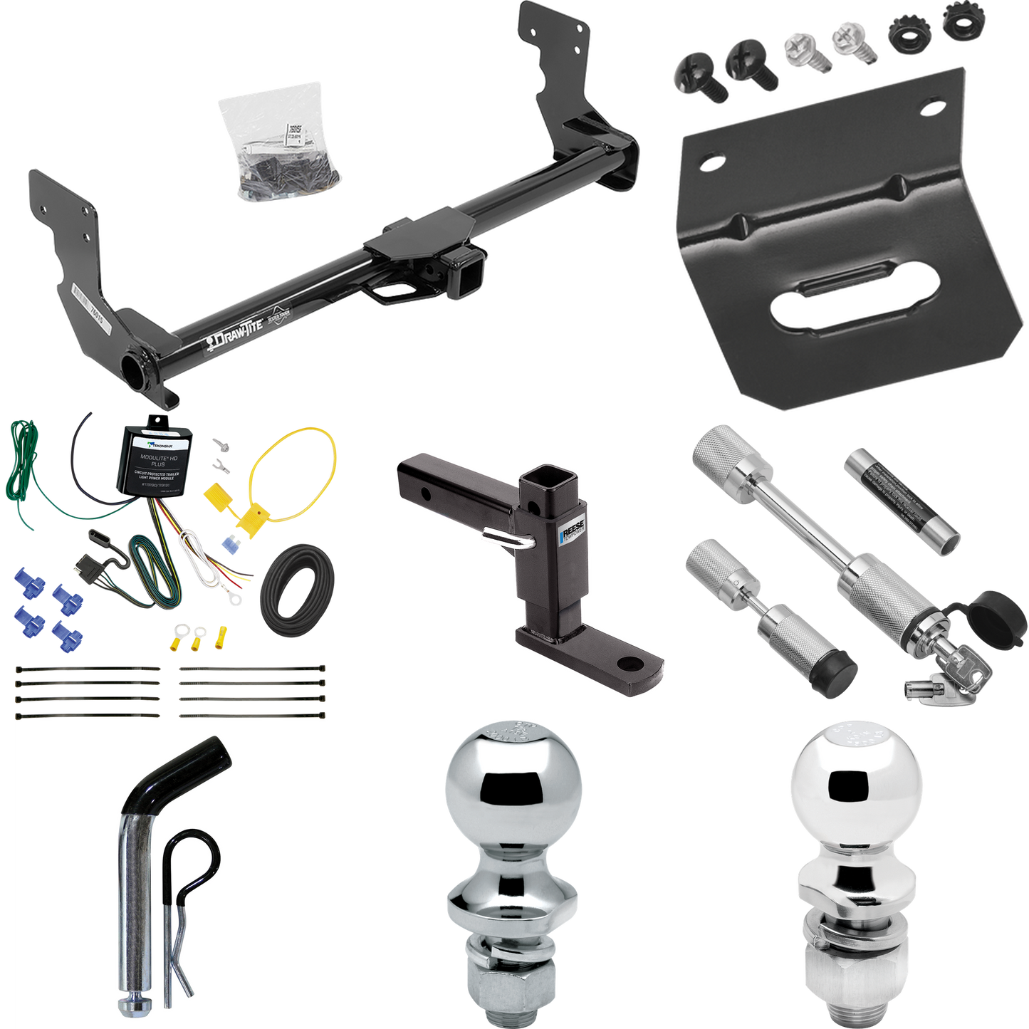 Fits 2016-2023 Mercedes-Benz Metris Trailer Hitch Tow PKG w/ 4-Flat Wiring Harness + Adjustable Drop Rise Ball Mount + Pin/Clip + 2" Ball + 1-7/8" Ball + Dual Hitch & Coupler Locks By Draw-Tite