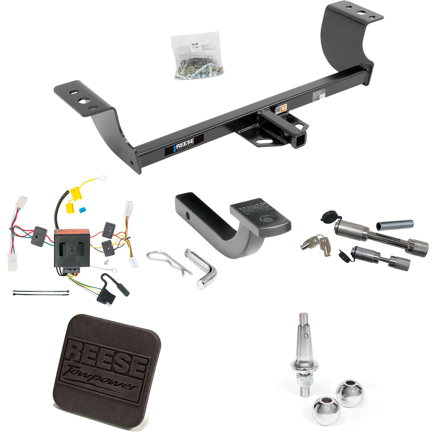 Fits 2011-2014 Dodge Charger Trailer Hitch Tow PKG w/ 4-Flat Wiring Harness + Draw-Bar + Interchangeable 1-7/8" & 2" Balls + Hitch Cover + Dual Hitch & Coupler Locks By Reese Towpower