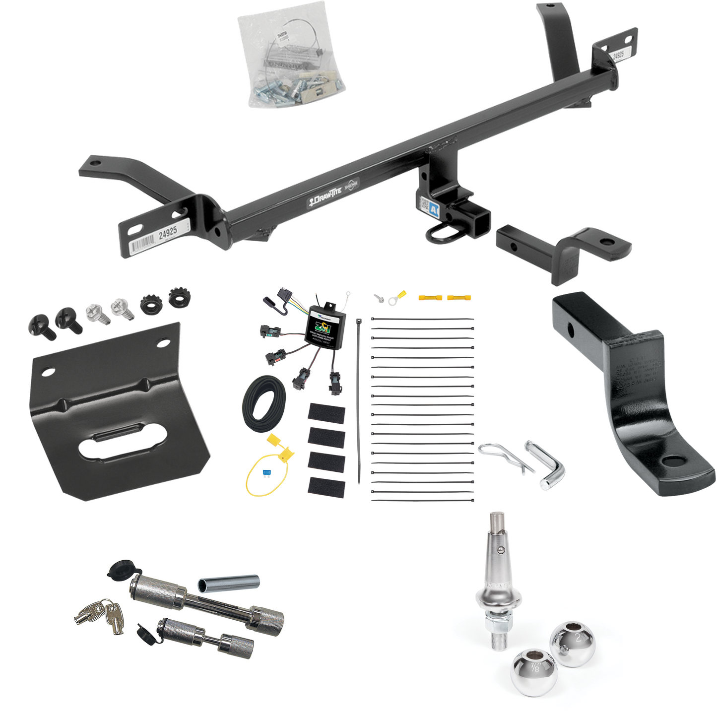 Fits 2016-2017 Volkswagen GTI Trailer Hitch Tow PKG w/ 4-Flat Zero Contact "No Splice" Wiring Harness + Draw-Bar + Interchangeable 1-7/8" & 2" Balls + Wiring Bracket + Dual Hitch & Coupler Locks By Draw-Tite