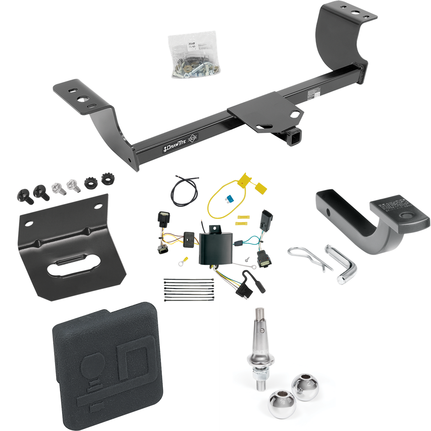 Fits 2015-2023 Dodge Charger Trailer Hitch Tow PKG w/ 4-Flat Wiring Harness + Draw-Bar + Interchangeable 1-7/8" & 2" Balls + Wiring Bracket + Hitch Cover By Draw-Tite