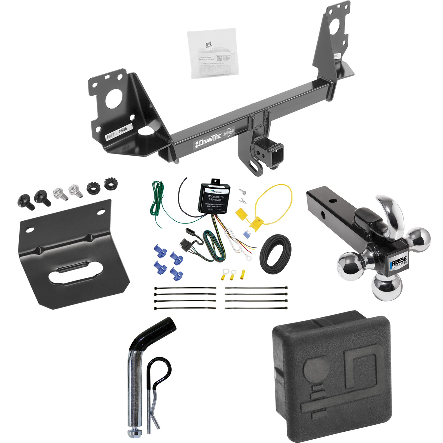 Se adapta al paquete de enganche de remolque Audi Q7 2017-2023 con 4 cables planos + soporte de bola triple de 1-7/8" y 2" y 2-5/16" con gancho de remolque + pasador/clip + soporte de cableado + Cubierta de enganche de Draw-Tite