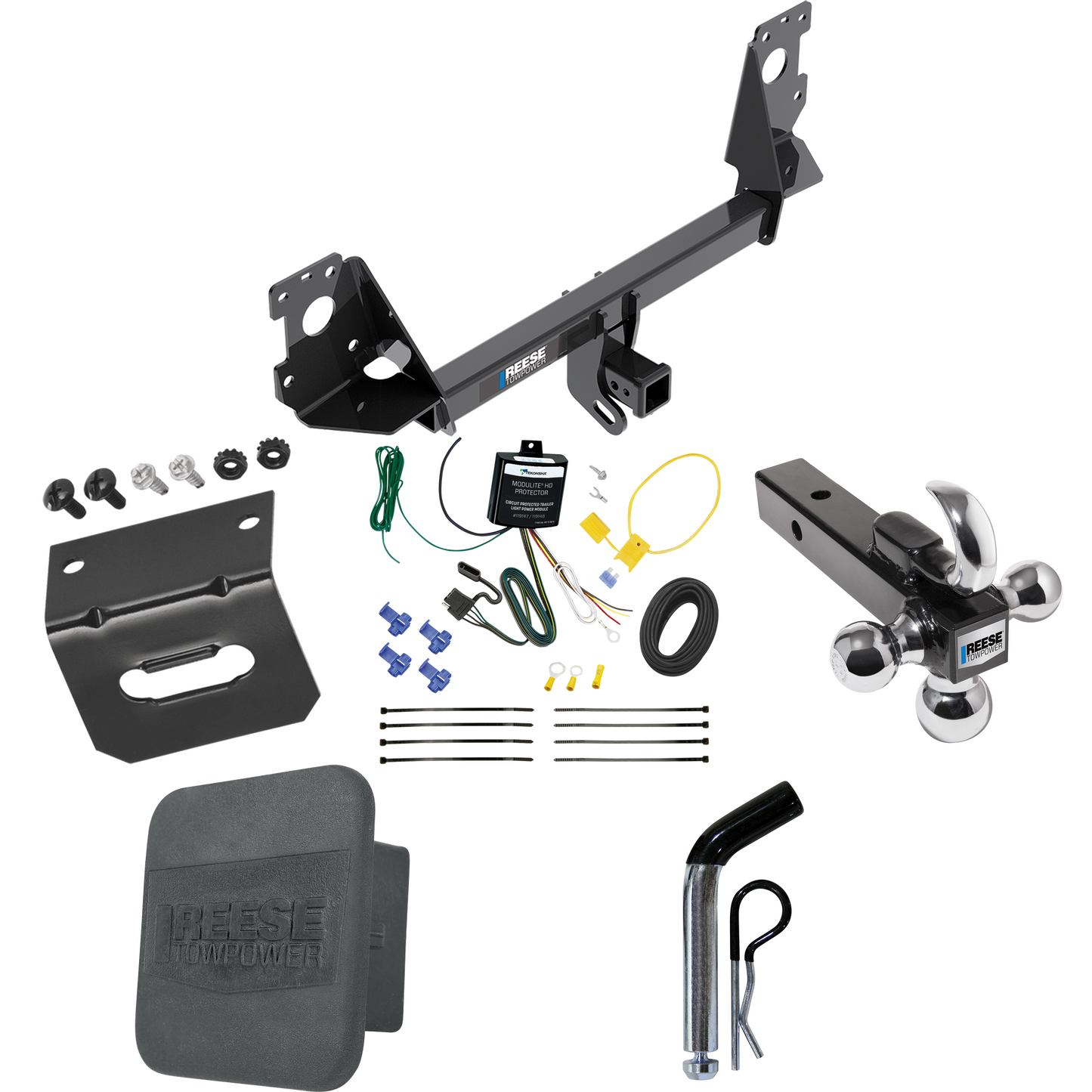 Se adapta al paquete de enganche de remolque Audi Q7 2017-2023 con 4 cables planos + soporte de bola triple de 1-7/8" y 2" y 2-5/16" con gancho de remolque + pasador/clip + soporte de cableado + Cubierta de enganche de Reese Towpower