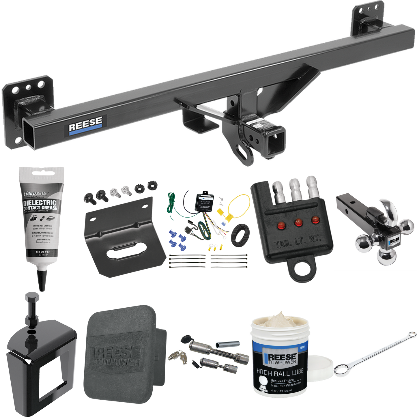 Fits 2007-2016 Audi Q7 Trailer Hitch Tow PKG w/ 4-Flat Wiring + Triple Ball Ball Mount 1-7/8" & 2" & 2-5/16" Trailer Balls w/ Tow Hook + Wiring Bracket + Hitch Cover + Dual Hitch & Coupler Locks + Wiring Tester + Ball Lube + Electric Grease + Ball Wr