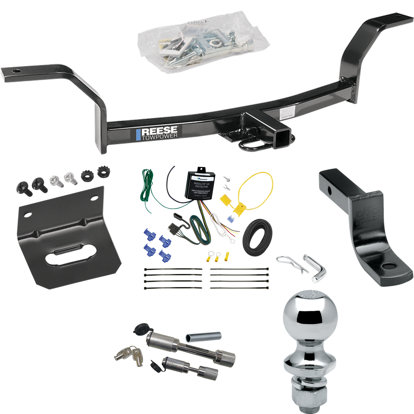 Fits 1992-2000 Honda Civic Trailer Hitch Tow PKG w/ 4-Flat Wiring Harness + Draw-Bar + 1-7/8" Ball + Wiring Bracket + Dual Hitch & Coupler Locks By Reese Towpower