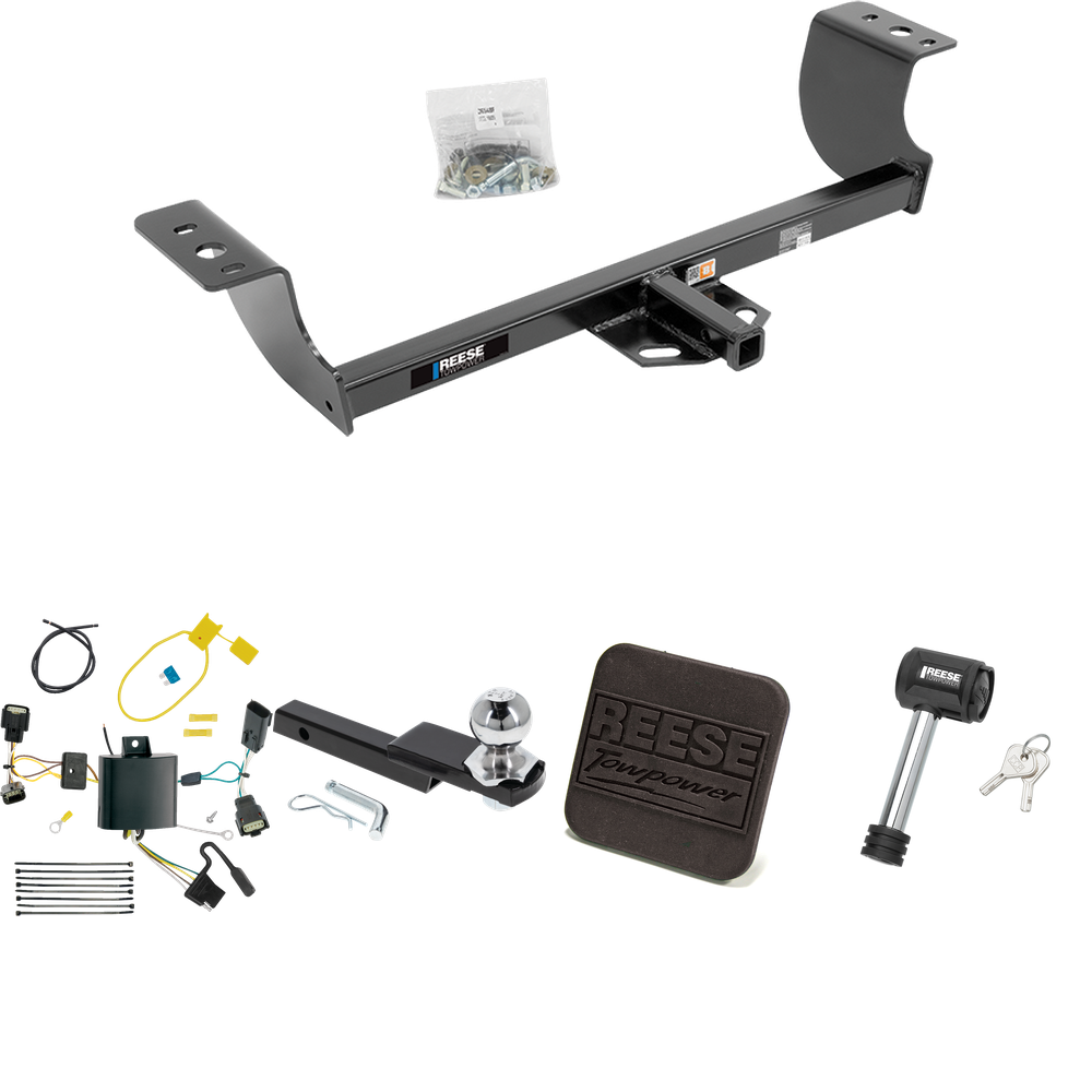 Fits 2015-2023 Dodge Charger Trailer Hitch Tow PKG w/ 4-Flat Wiring Harness + Interlock Starter Kit w/ 2" Ball 1-1/4" Drop 3/4" Rise + Hitch Cover + Hitch Lock By Reese Towpower