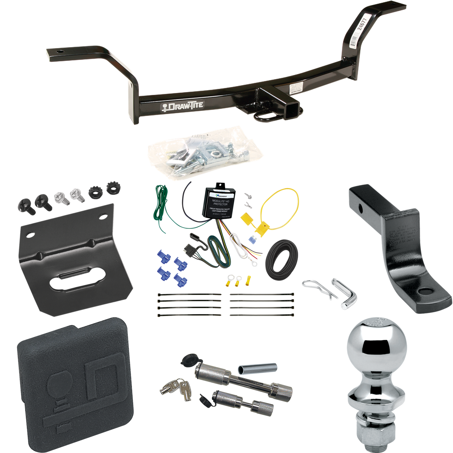 Fits 1992-2000 Honda Civic Trailer Hitch Tow PKG w/ 4-Flat Wiring Harness + Draw-Bar + 1-7/8" Ball + Wiring Bracket + Hitch Cover + Dual Hitch & Coupler Locks By Draw-Tite