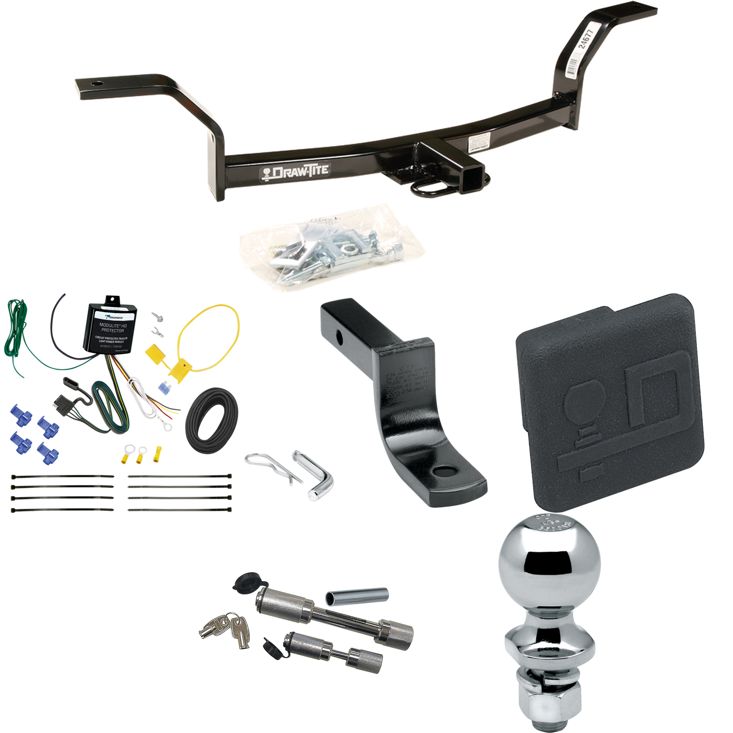 Fits 1992-2000 Honda Civic Trailer Hitch Tow PKG w/ 4-Flat Wiring Harness + Draw-Bar + 2" Ball + Hitch Cover + Dual Hitch & Coupler Locks By Draw-Tite