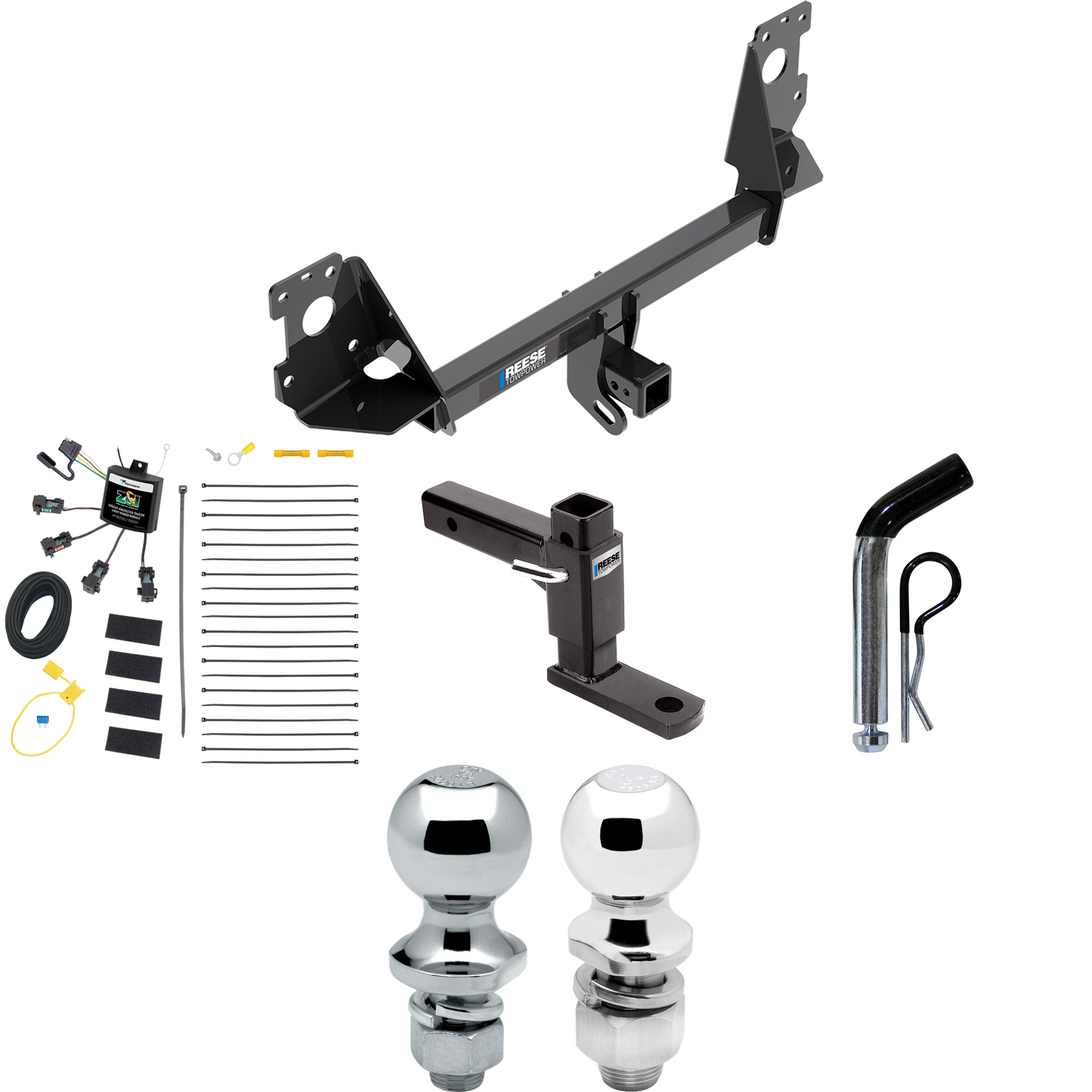 Se adapta al paquete de enganche de remolque Audi Q7 2017-2023 con cableado "sin empalme" de 4 contactos planos cero + soporte de bola ajustable + pasador/clip + bola de 2" + bola de 1-7/8" de Reese Towpower