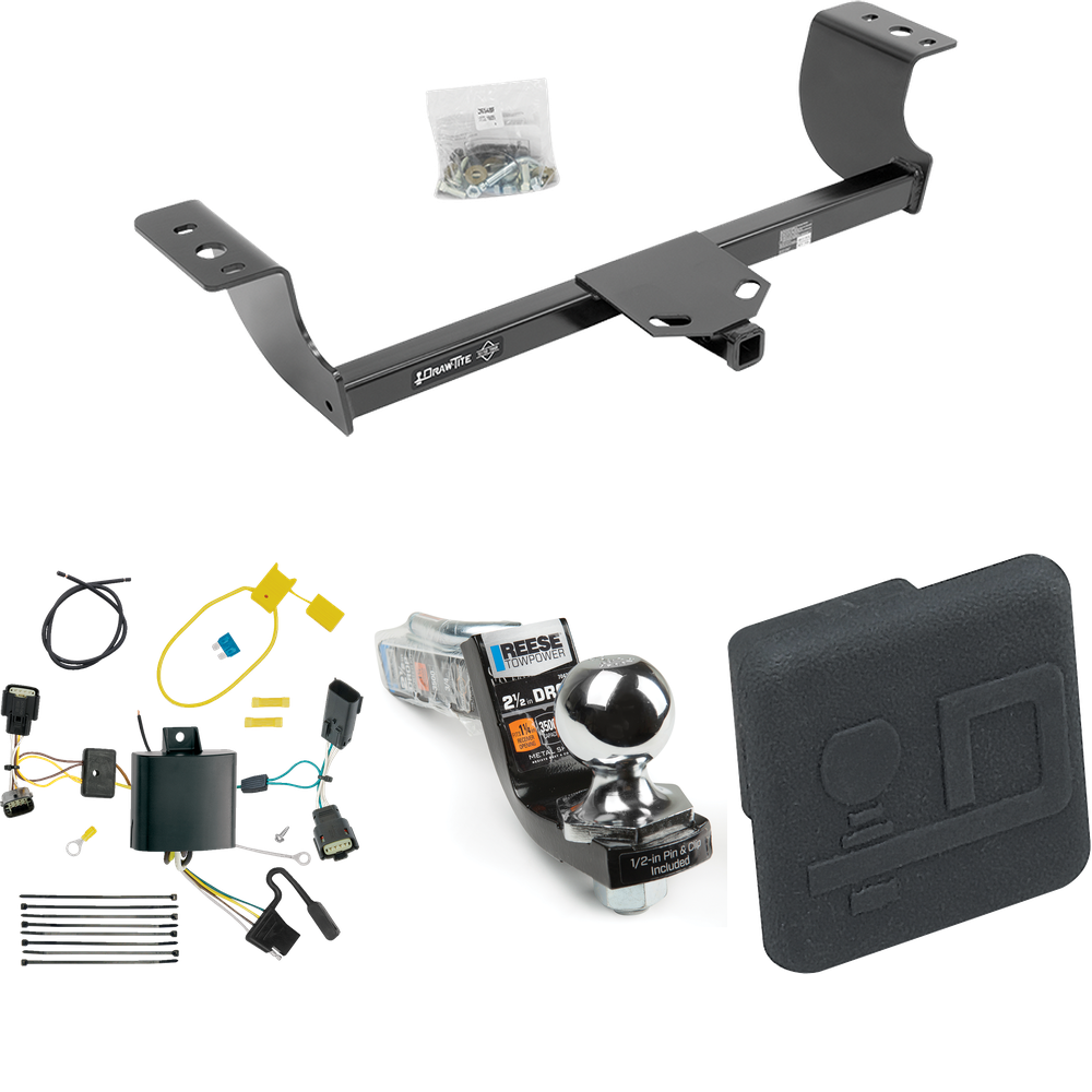 Fits 2015-2023 Dodge Charger Trailer Hitch Tow PKG w/ 4-Flat Wiring Harness + Interlock Starter Kit w/ 2" Ball 2-1/2" Drop 2" Rise + Hitch Cover By Draw-Tite