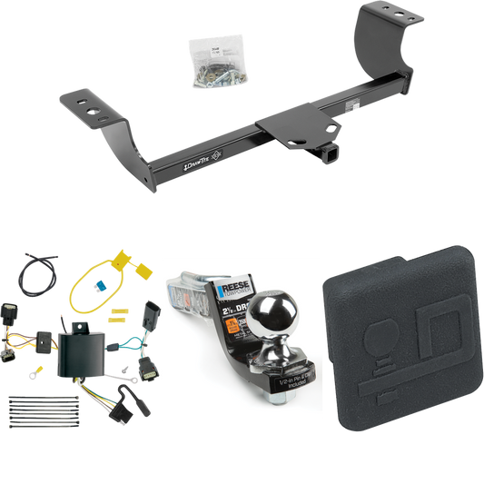 Fits 2015-2023 Dodge Charger Trailer Hitch Tow PKG w/ 4-Flat Wiring Harness + Interlock Starter Kit w/ 2" Ball 2-1/2" Drop 2" Rise + Hitch Cover By Draw-Tite