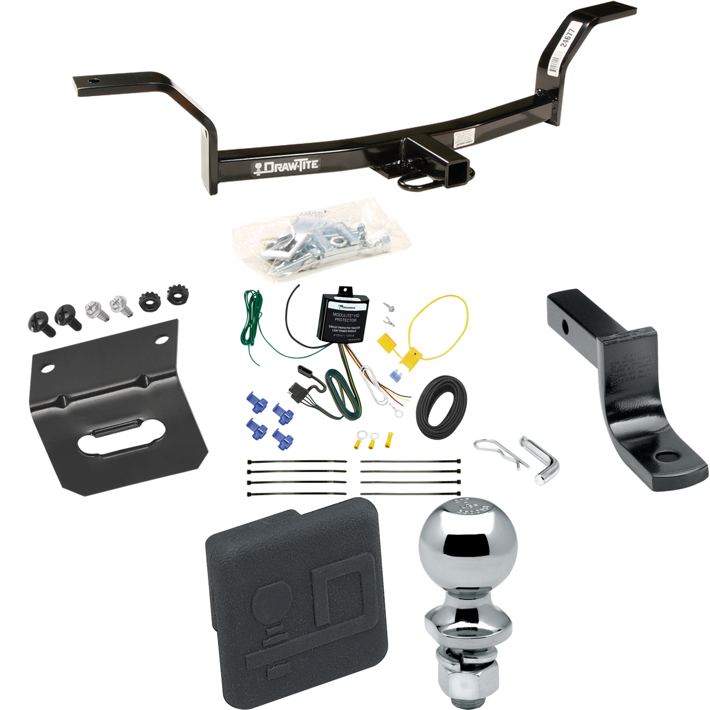Fits 1992-2000 Honda Civic Trailer Hitch Tow PKG w/ 4-Flat Wiring Harness + Draw-Bar + 2" Ball + Wiring Bracket + Hitch Cover By Draw-Tite