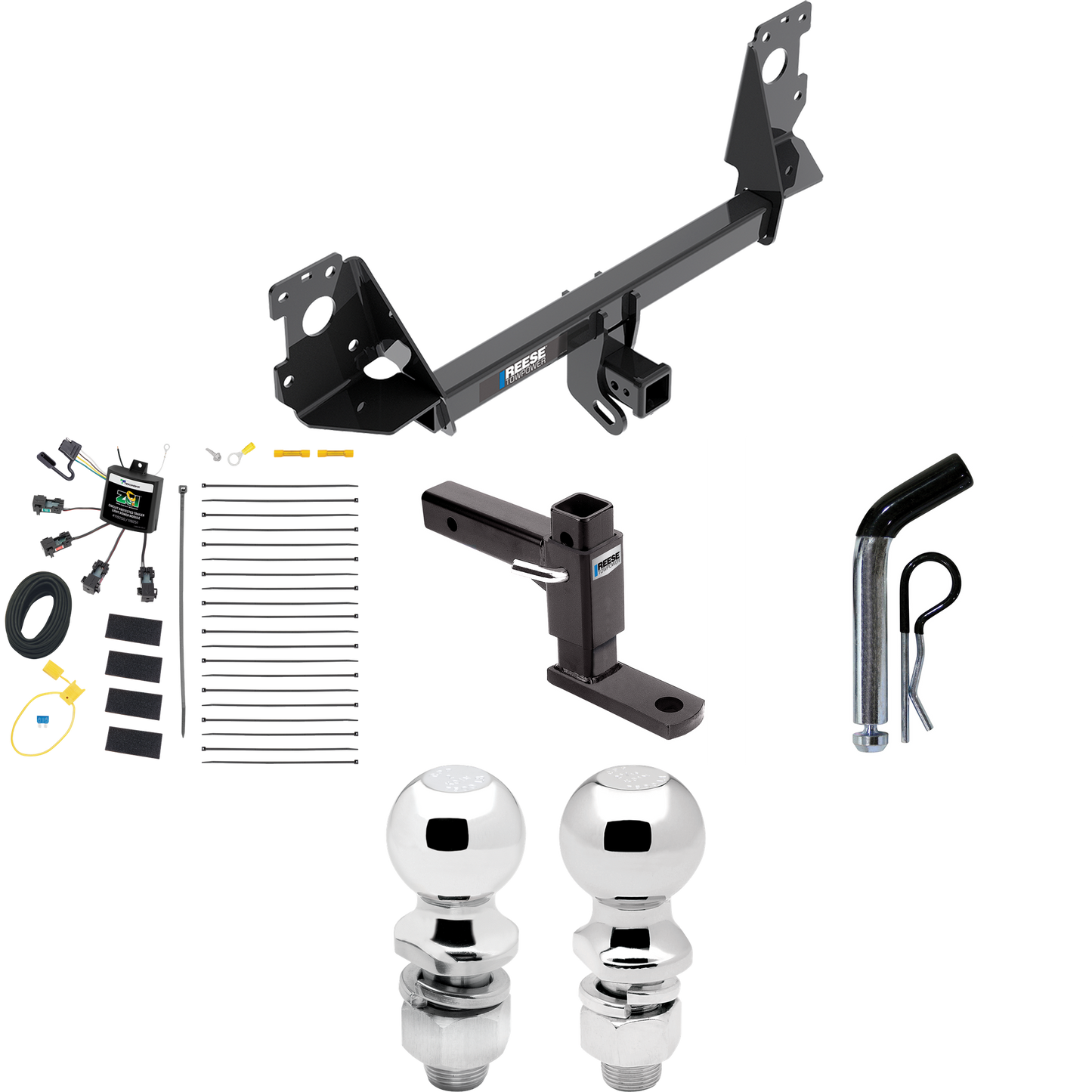 Se adapta al paquete de enganche de remolque Audi Q7 2017-2023 con cableado "sin empalme" de 4 contactos planos cero + soporte de bola ajustable + pasador/clip + bola de 2" + bola de 2-5/16" de Reese Towpower