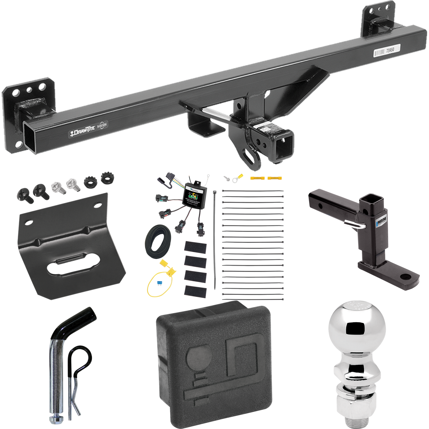 Se adapta al paquete de enganche de remolque Porsche Cayenne 2011-2018 con cableado de 4 contactos planos "sin empalme" + soporte de bola ajustable + pasador/clip + bola de 2-5/16" + soporte de cableado + cubierta de enganche de Draw-Tite