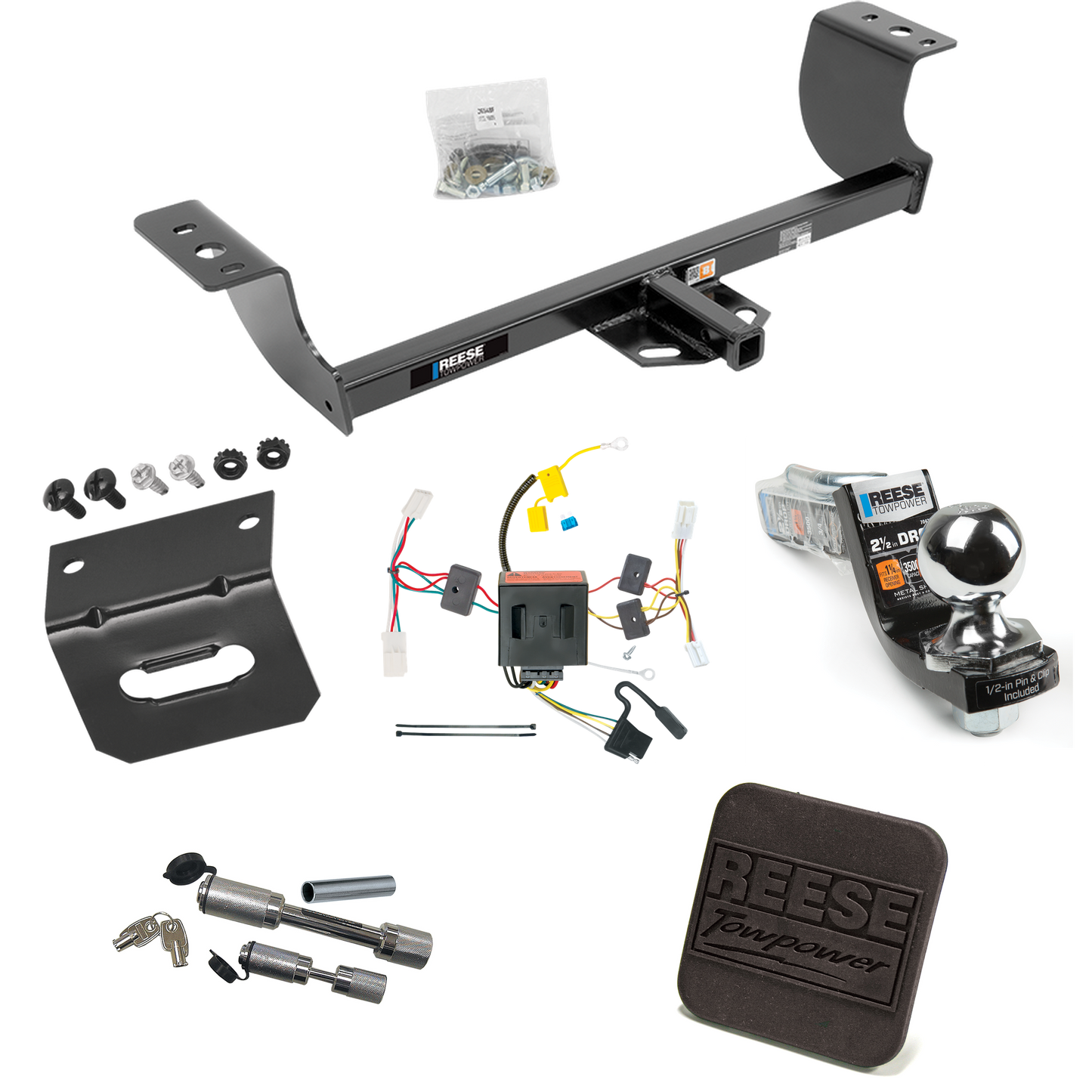 Fits 2011-2014 Dodge Charger Trailer Hitch Tow PKG w/ 4-Flat Wiring Harness + Interlock Starter Kit w/ 2" Ball 2-1/2" Drop 2" Rise + Wiring Bracket + Hitch Cover + Dual Hitch & Coupler Locks By Reese Towpower