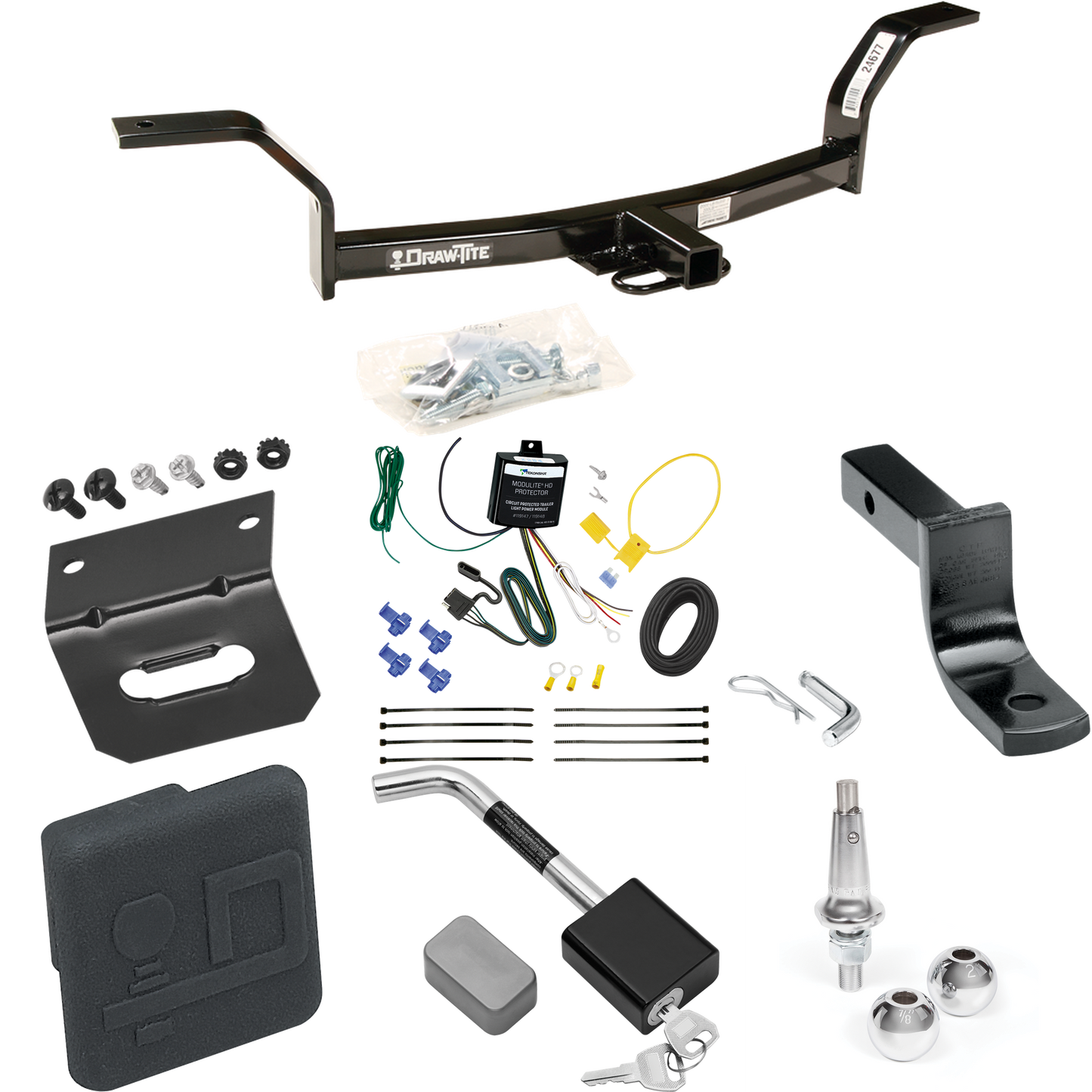 Fits 1992-2000 Honda Civic Trailer Hitch Tow PKG w/ 4-Flat Wiring Harness + Draw-Bar + Interchangeable 1-7/8" & 2" Balls + Wiring Bracket + Hitch Cover + Hitch Lock By Draw-Tite