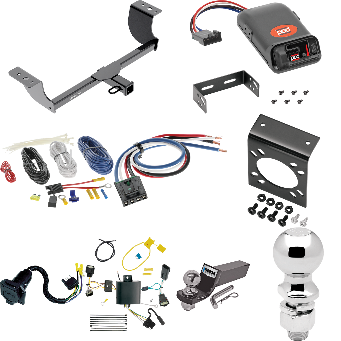 Se adapta al paquete de enganche de remolque Dodge Charger 2015-2023 con control de freno POD serie Pro + adaptador de cableado BC genérico + cableado RV de 7 vías + soporte de bola y caída de 2" y 2-5/16" de Draw-Tite