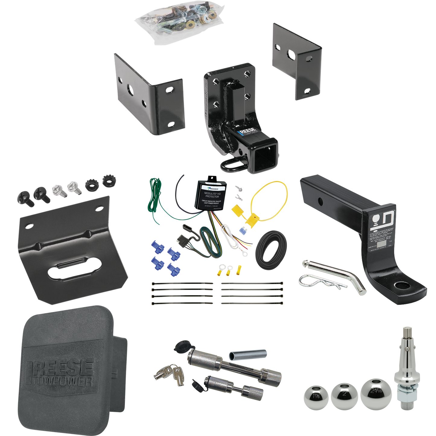 Fits 1999-2001 Mercedes-Benz ML430 Trailer Hitch Tow PKG w/ 4-Flat Wiring + Ball Mount w/ 4" Drop + Interchangeable Ball 1-7/8" & 2" & 2-5/16" + Wiring Bracket + Dual Hitch & Coupler Locks + Hitch Cover By Reese Towpower