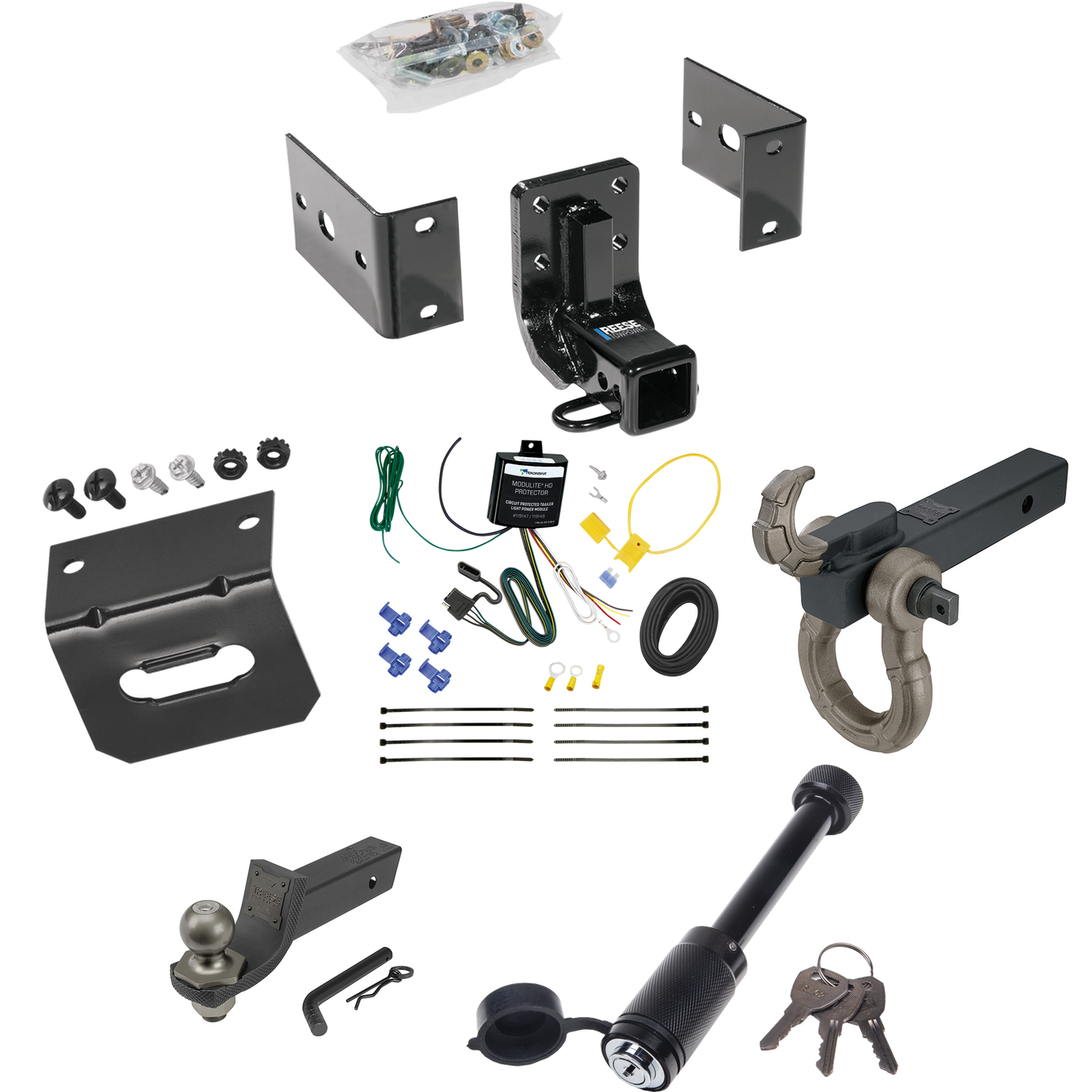 Fits 2003-2005 Mercedes-Benz ML350 Trailer Hitch Tow PKG w/ 4-Flat Wiring + Interlock Tactical Starter Kit w/ 2" Drop & 2" Ball + Tactical Hook & Shackle Mount + Tactical Dogbone Lock + Wiring Bracket By Reese Towpower