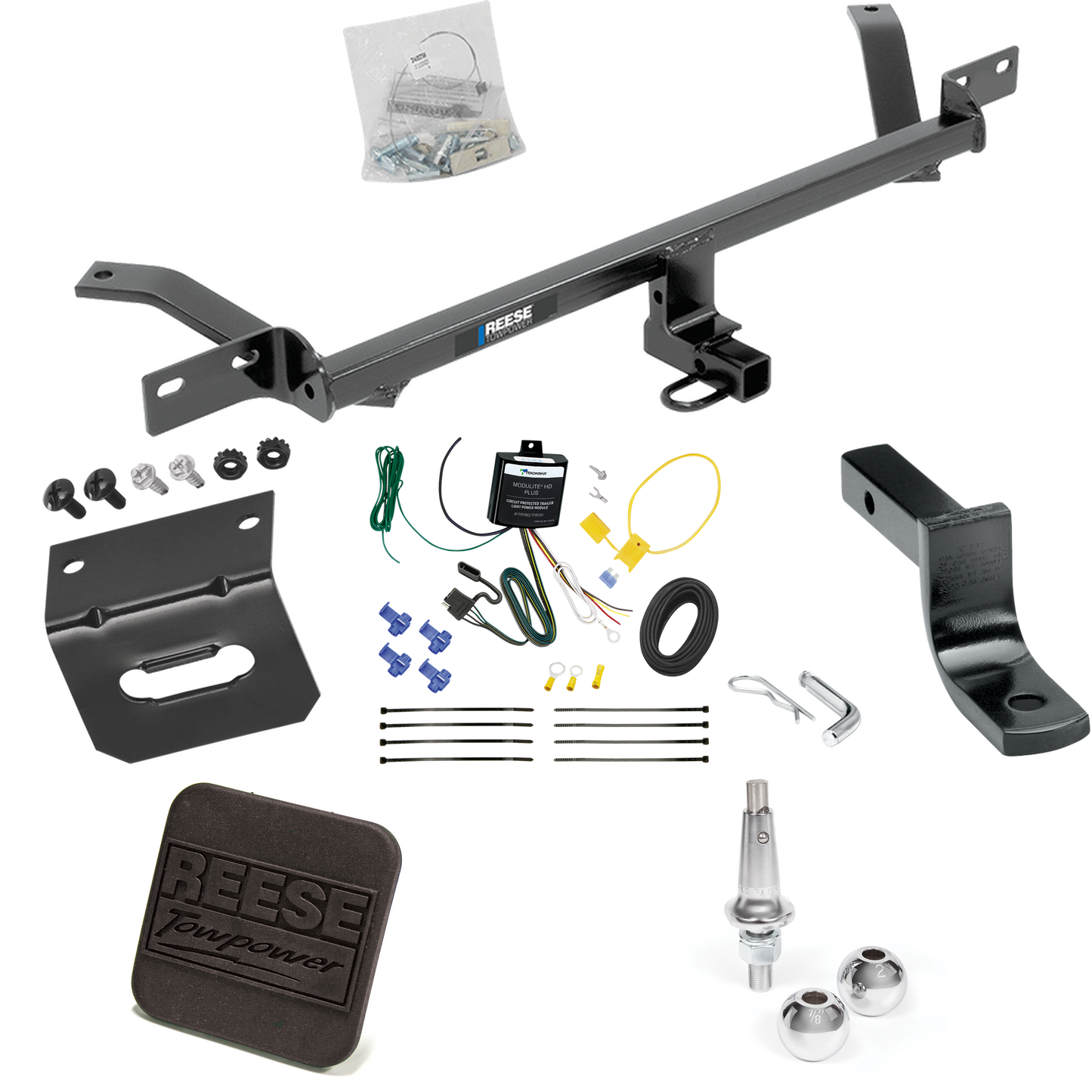 Se adapta al paquete de enganche de remolque Volkswagen GTI 2016-2017 con arnés de cableado de 4 planos + barra de tracción + bolas intercambiables de 1-7/8" y 2" + soporte de cableado + cubierta de enganche de Reese Towpower