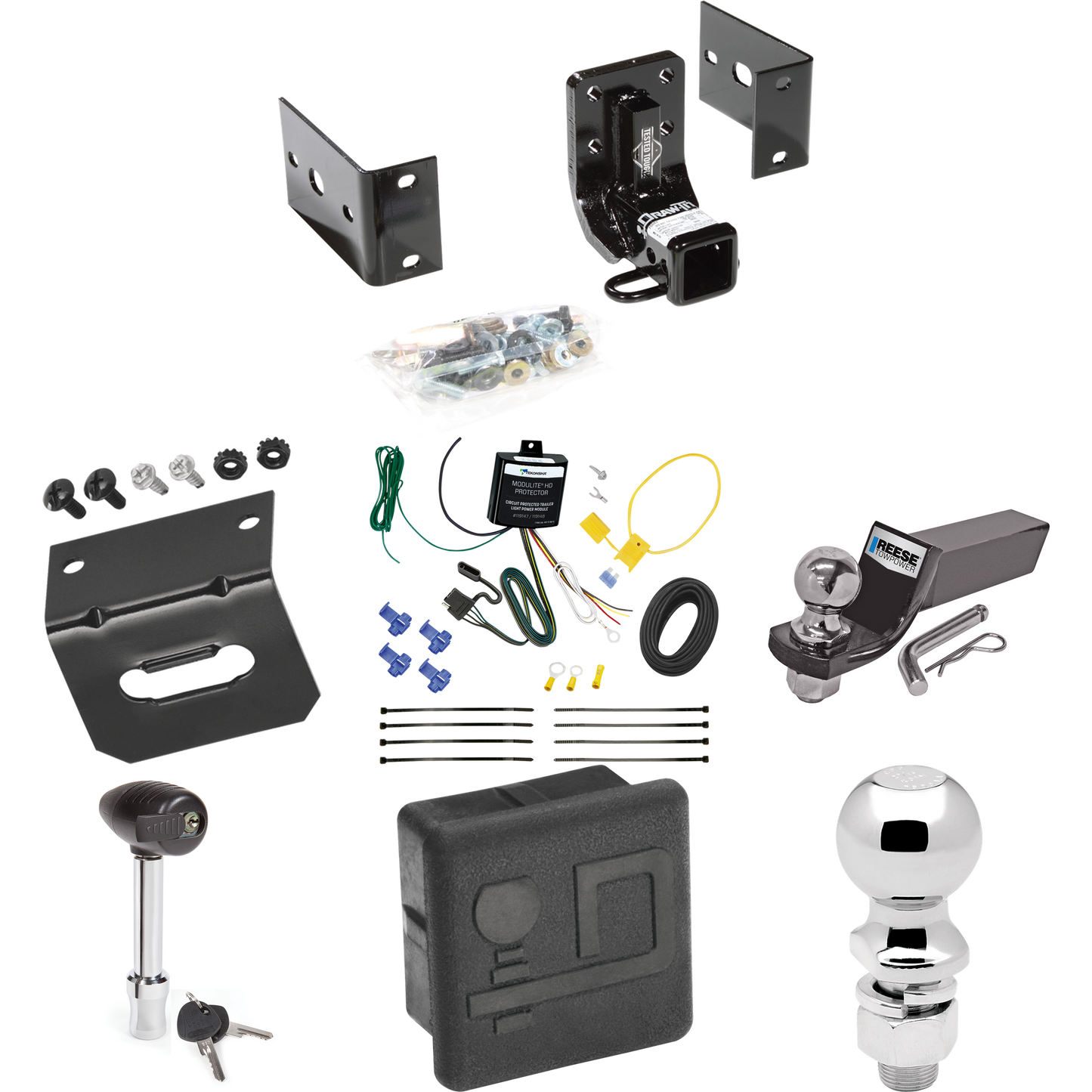 Fits 1998-2002 Mercedes-Benz ML320 Trailer Hitch Tow PKG w/ 4-Flat Wiring + Starter Kit Ball Mount w/ 2" Drop & 2" Ball + 2-5/16" Ball + Wiring Bracket + Hitch Lock + Hitch Cover By Draw-Tite