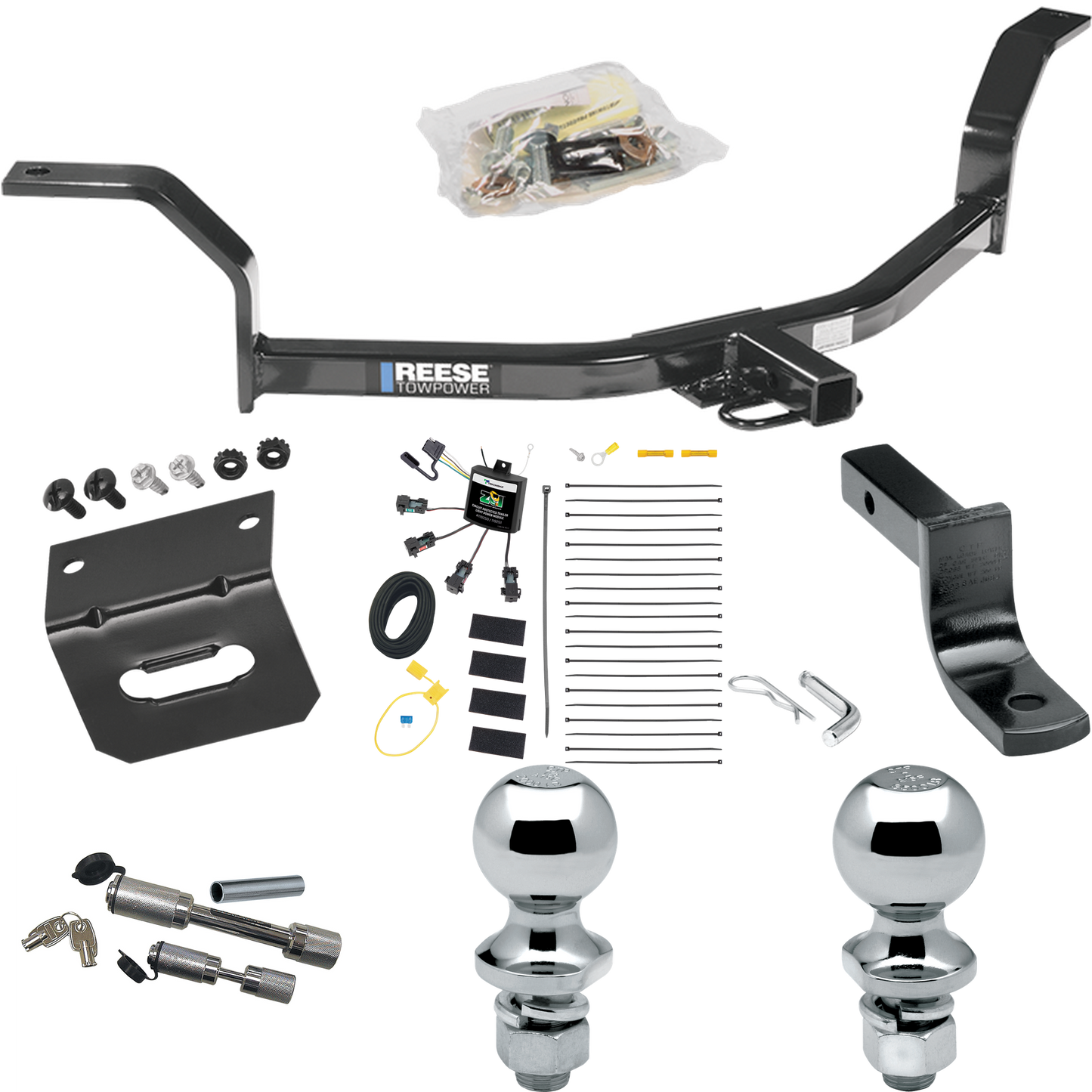 Fits 2001-2005 Honda Civic Trailer Hitch Tow PKG w/ 4-Flat Zero Contact "No Splice" Wiring Harness + Draw-Bar + 1-7/8" + 2" Ball + Wiring Bracket + Dual Hitch & Coupler Locks By Reese Towpower