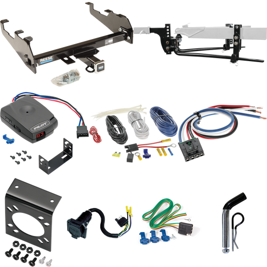 Fits 1977-1993 Dodge W150 Trailer Hitch Tow PKG w/ 11.5K Round Bar Weight Distribution Hitch w/ 2-5/16" Ball + Pin/Clip + Pro Series Pilot Brake Control + Generic BC Wiring Adapter + 7-Way RV Wiring (For w/Deep Drop Bumper Models) By Reese Towpower