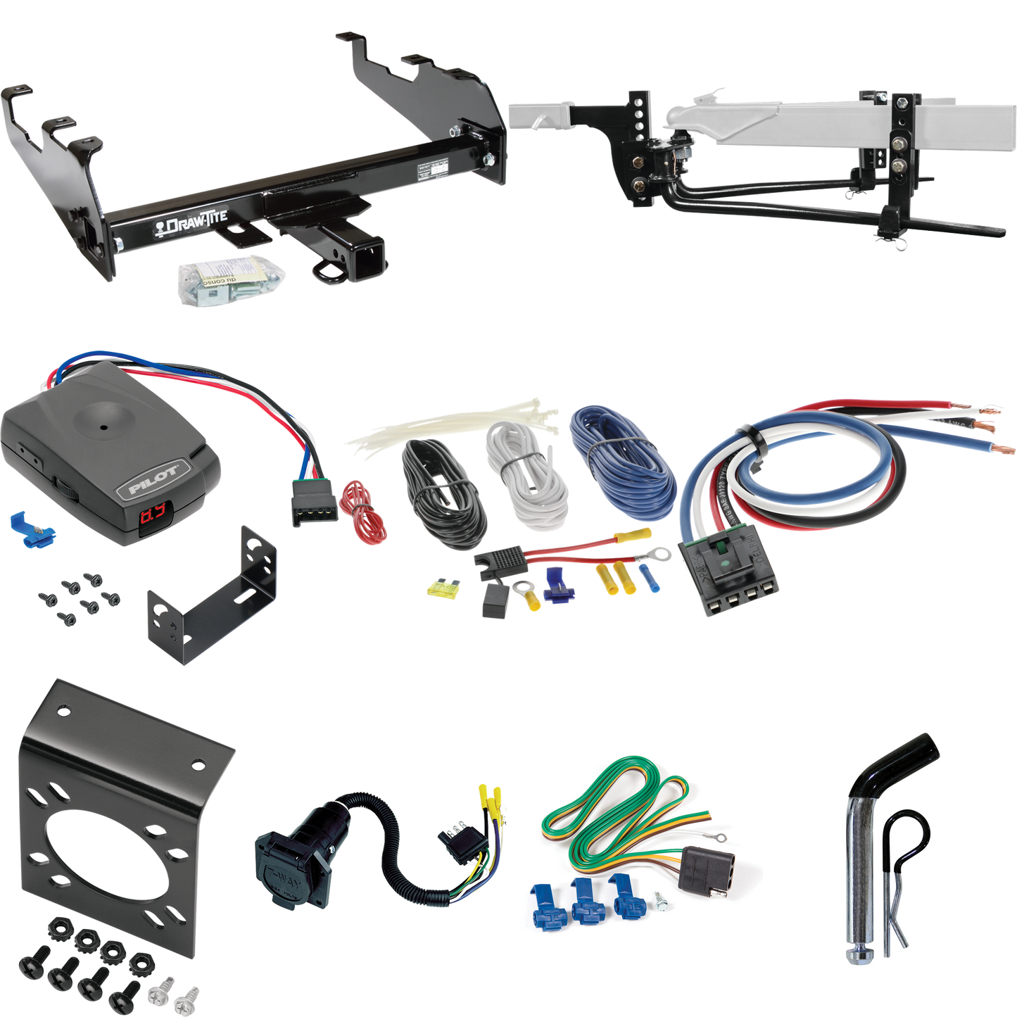 Fits 1981-1993 Dodge W250 Trailer Hitch Tow PKG w/ 11.5K Round Bar Weight Distribution Hitch w/ 2-5/16" Ball + Pin/Clip + Pro Series Pilot Brake Control + Generic BC Wiring Adapter + 7-Way RV Wiring (For w/Deep Drop Bumper Models) By Draw-Tite