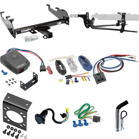 Fits 1981-1993 Dodge W250 Trailer Hitch Tow PKG w/ 11.5K Round Bar Weight Distribution Hitch w/ 2-5/16" Ball + Pin/Clip + Pro Series Pilot Brake Control + Generic BC Wiring Adapter + 7-Way RV Wiring (For w/Deep Drop Bumper Models) By Draw-Tite